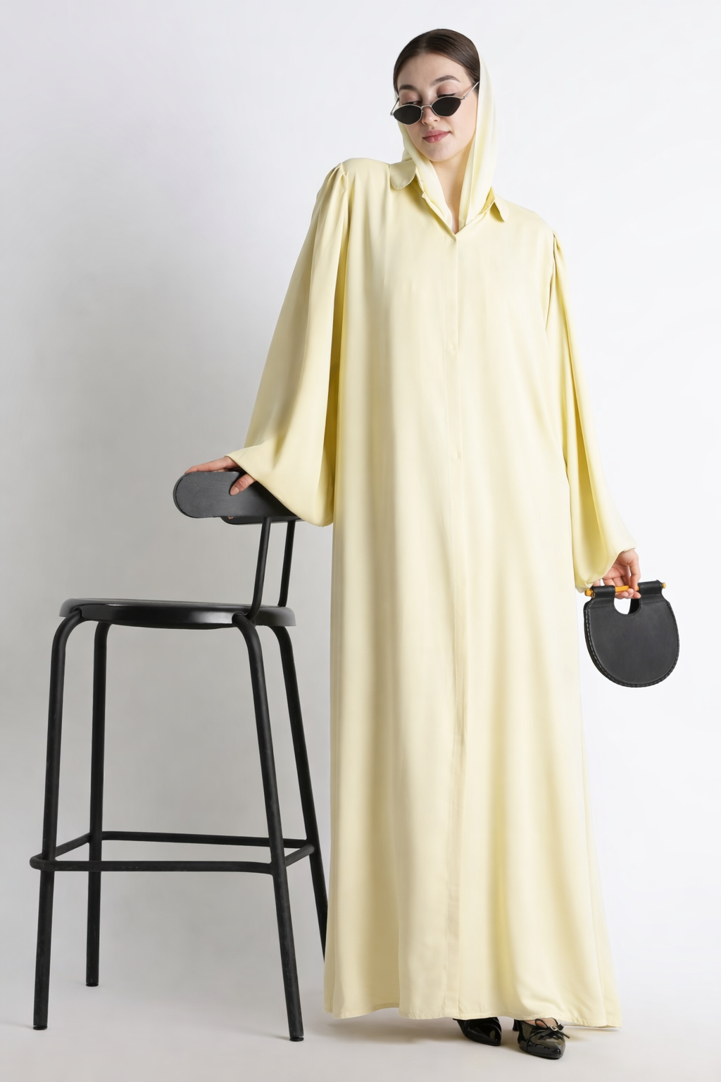 Butter Yellow Round Collar Balloon Sleeves Abaya