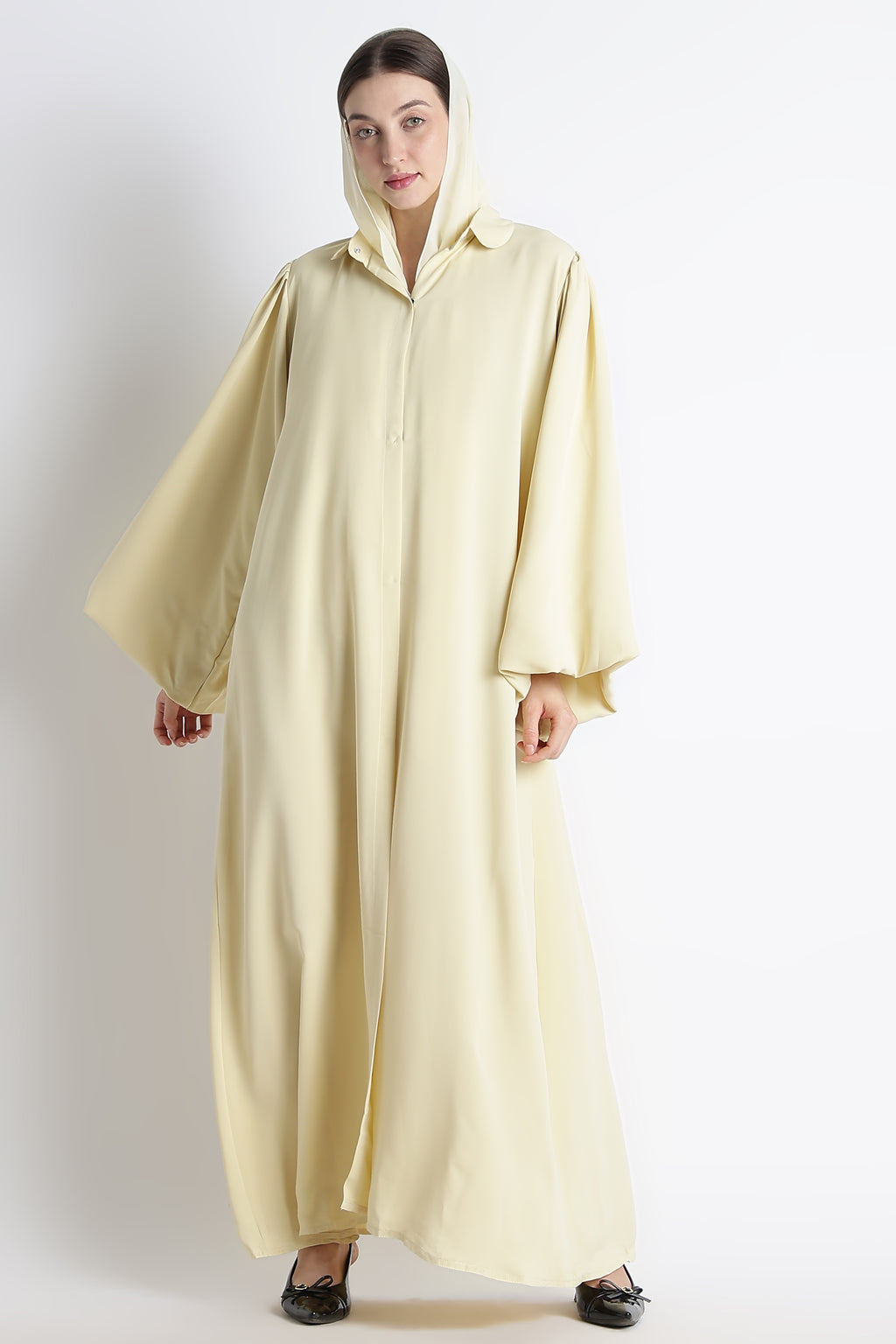 Butter Yellow Round Collar Balloon Sleeves Abaya