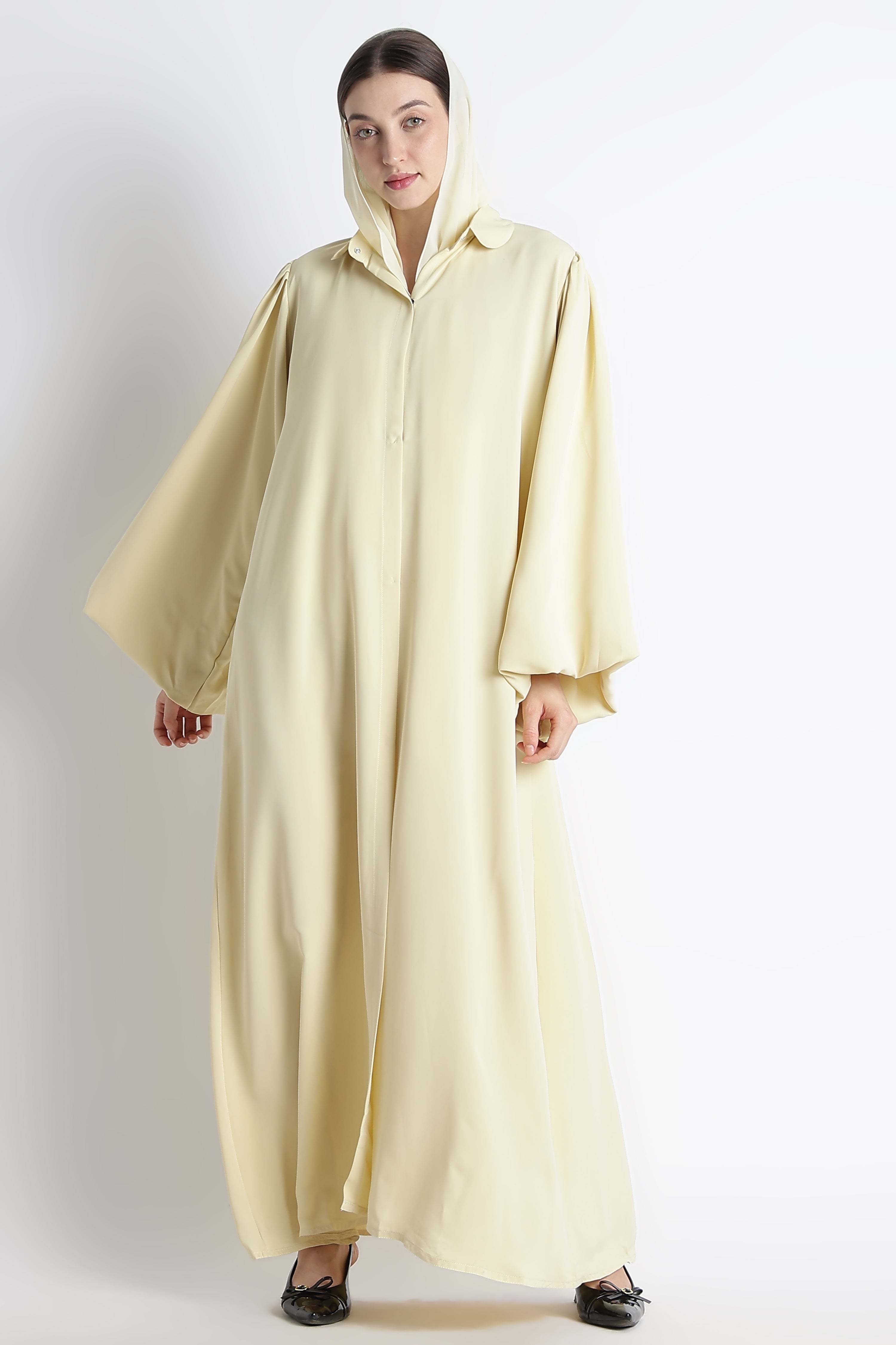 Butter Yellow Round Collar Balloon Sleeves Abaya