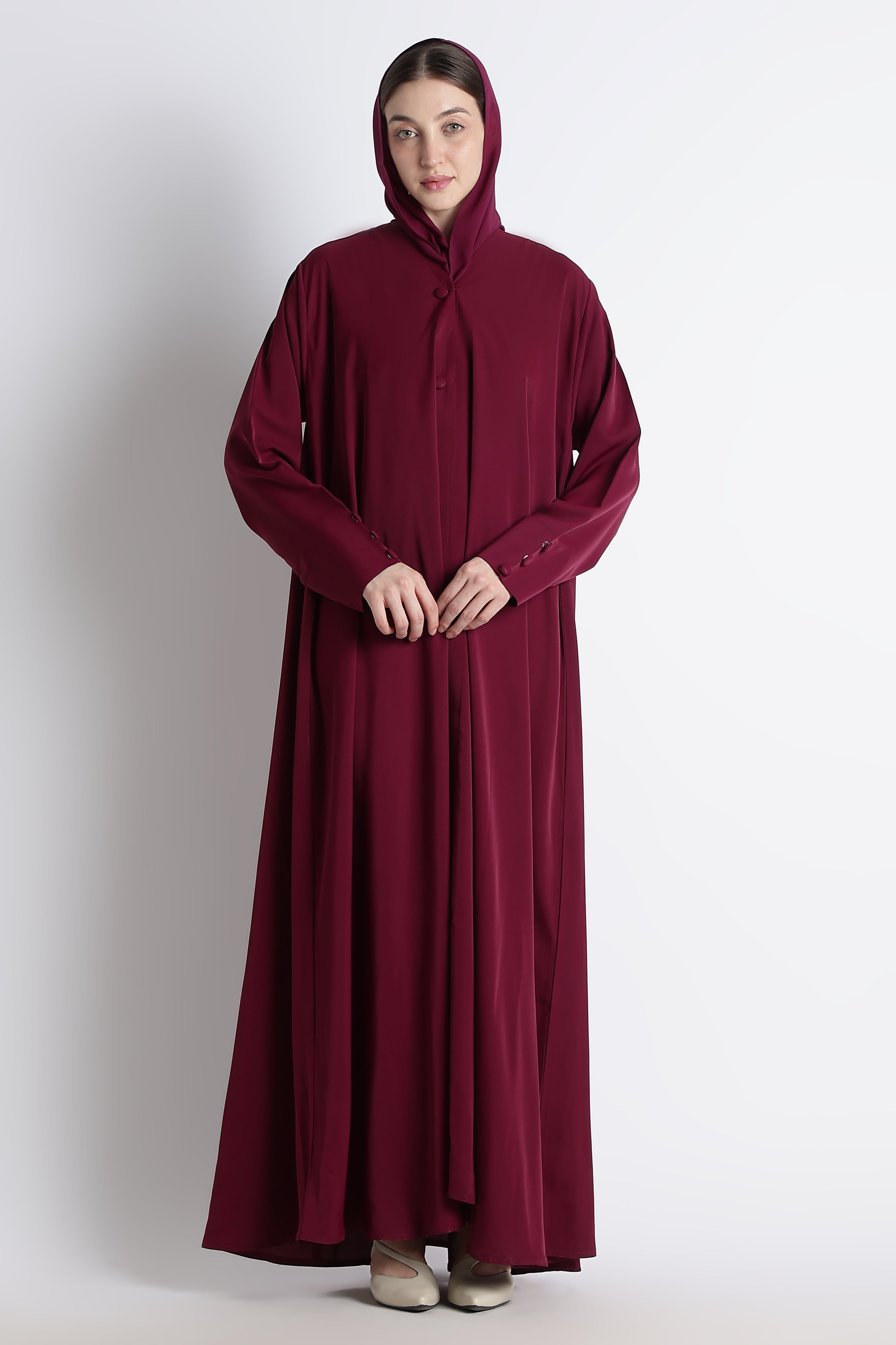 Maroon Umbrella Abaya with Fabric Buttons – Premium Nida Elegant Flowy Abaya