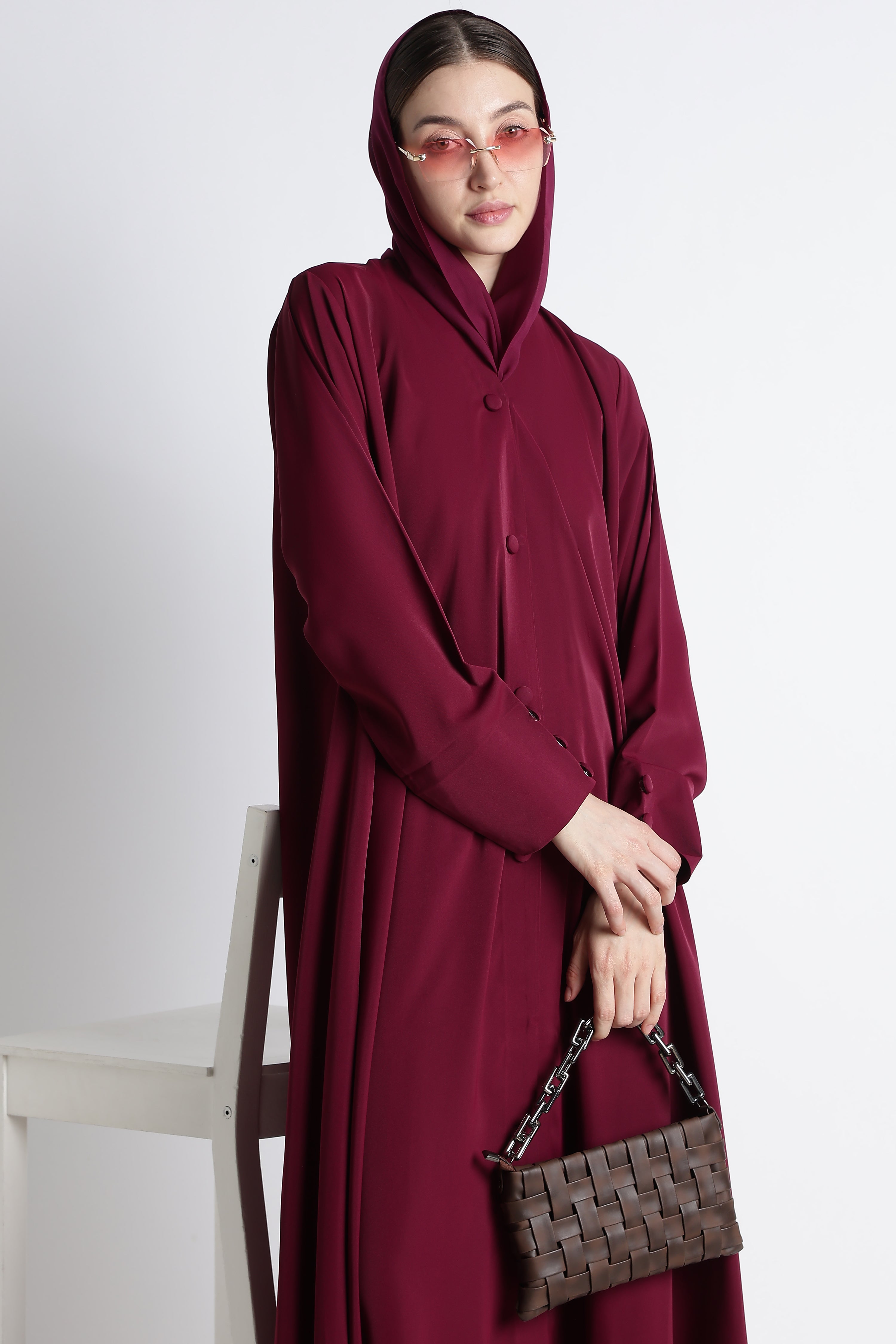 Maroon Umbrella Abaya with Fabric Buttons – Premium Nida Elegant Flowy Abaya Main image