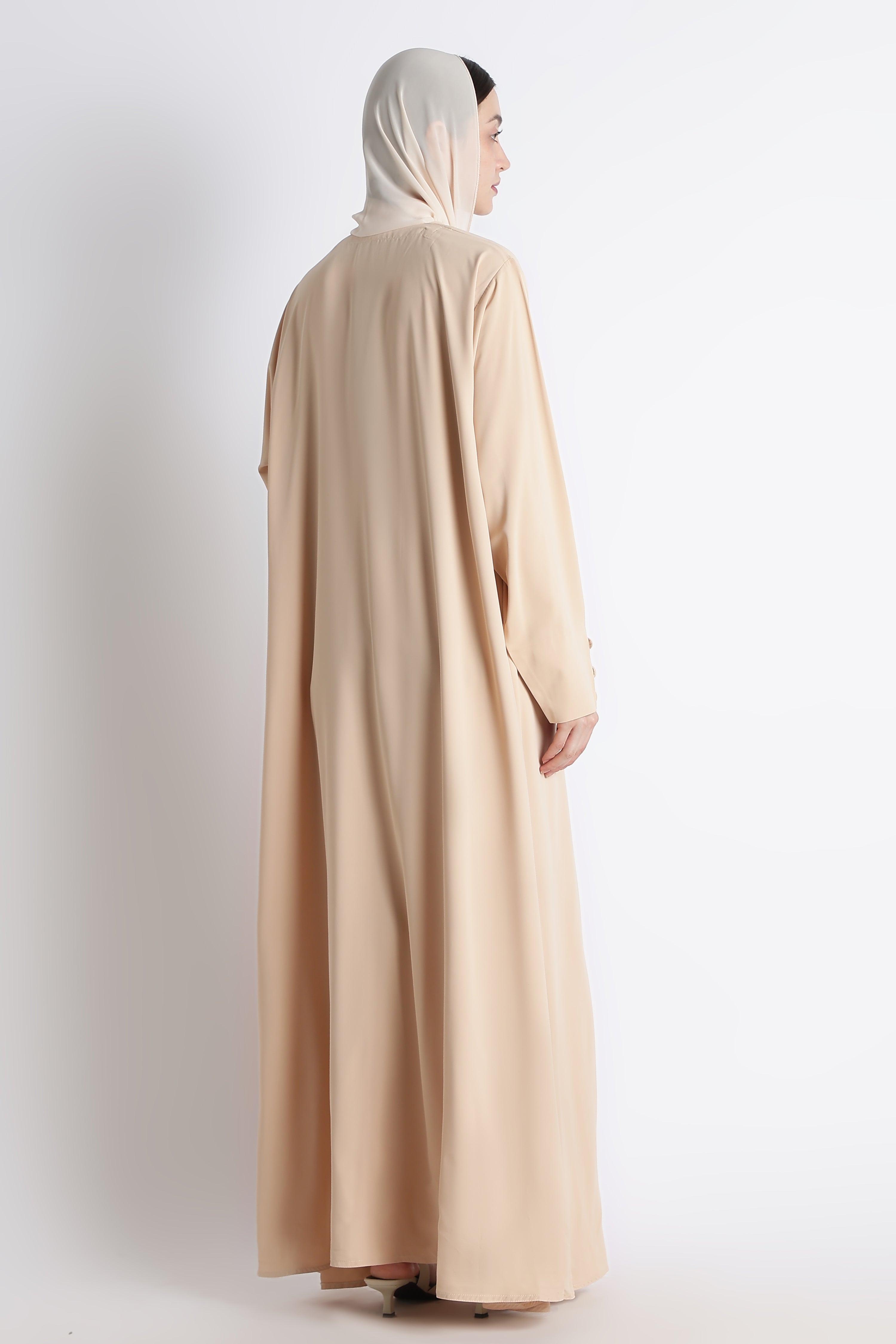 Beige Umbrella Abaya with Fabric Buttons – Premium Nida Elegant Flowy Abaya Secondary image