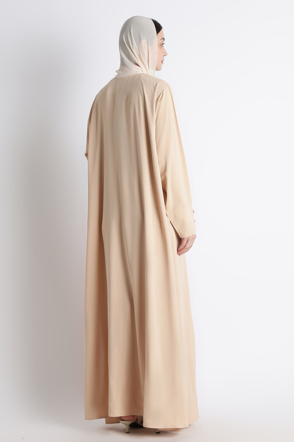 Beige Umbrella Abaya with Fabric Buttons – Premium Nida Elegant Flowy Abaya