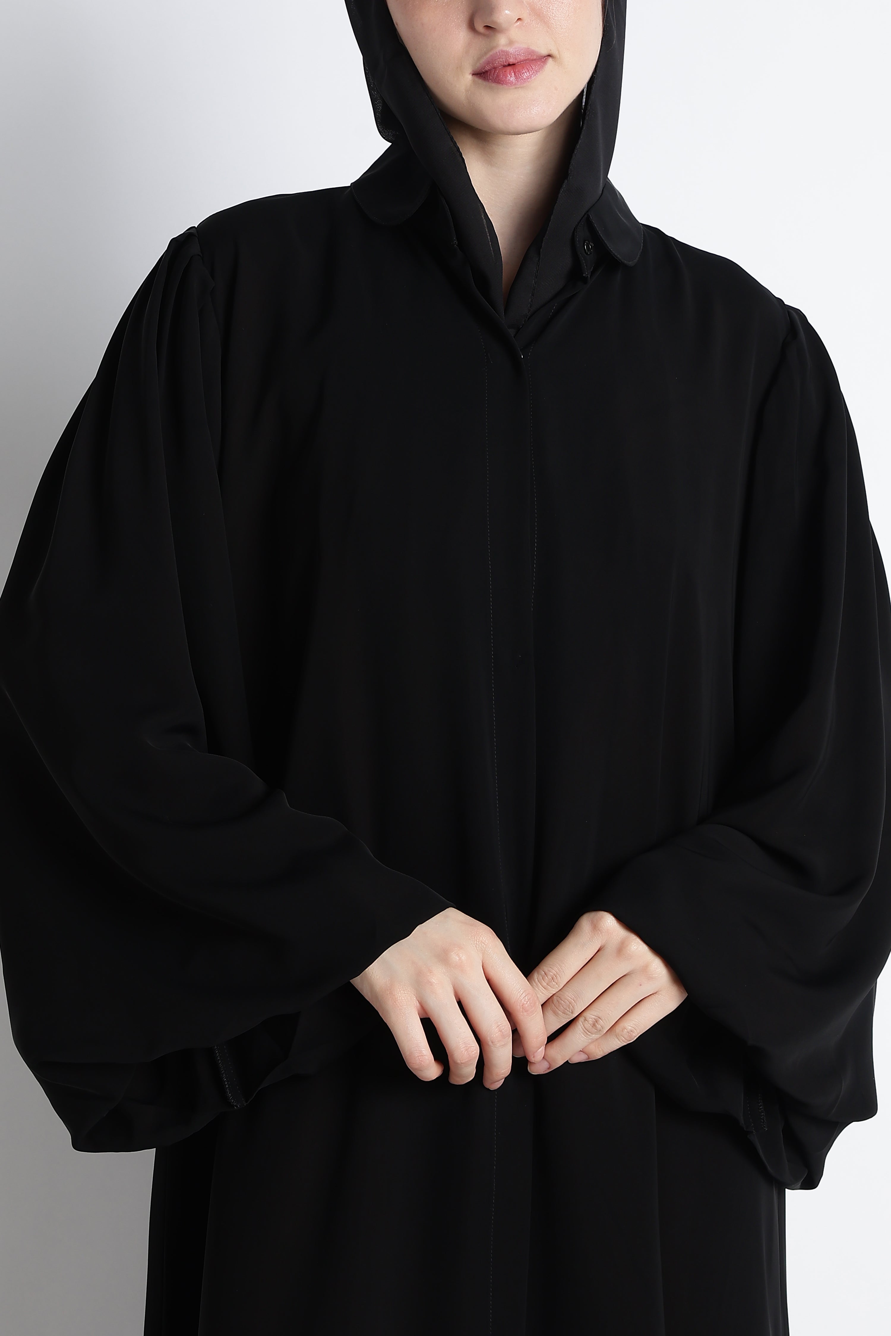 Black Round Collar Balloon Sleeves Abaya