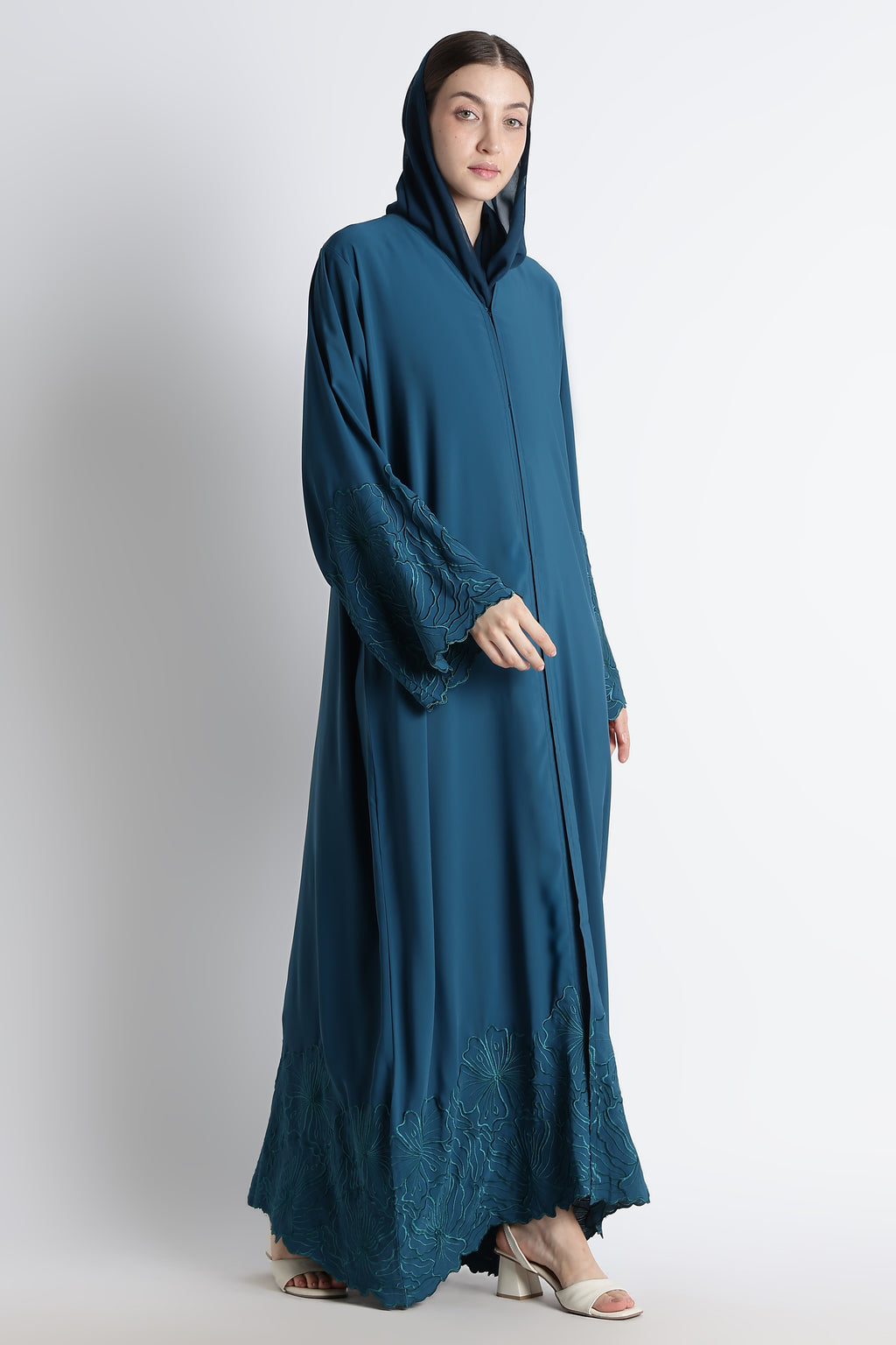 Irani Blue (Firoza) Self Embroidered Abaya with Cutwork Sleeves & Hem – Premium Korean Nida