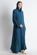 Irani Blue (Firoza) Self Embroidered Abaya with Cutwork Sleeves & Hem – Premium Korean Nida