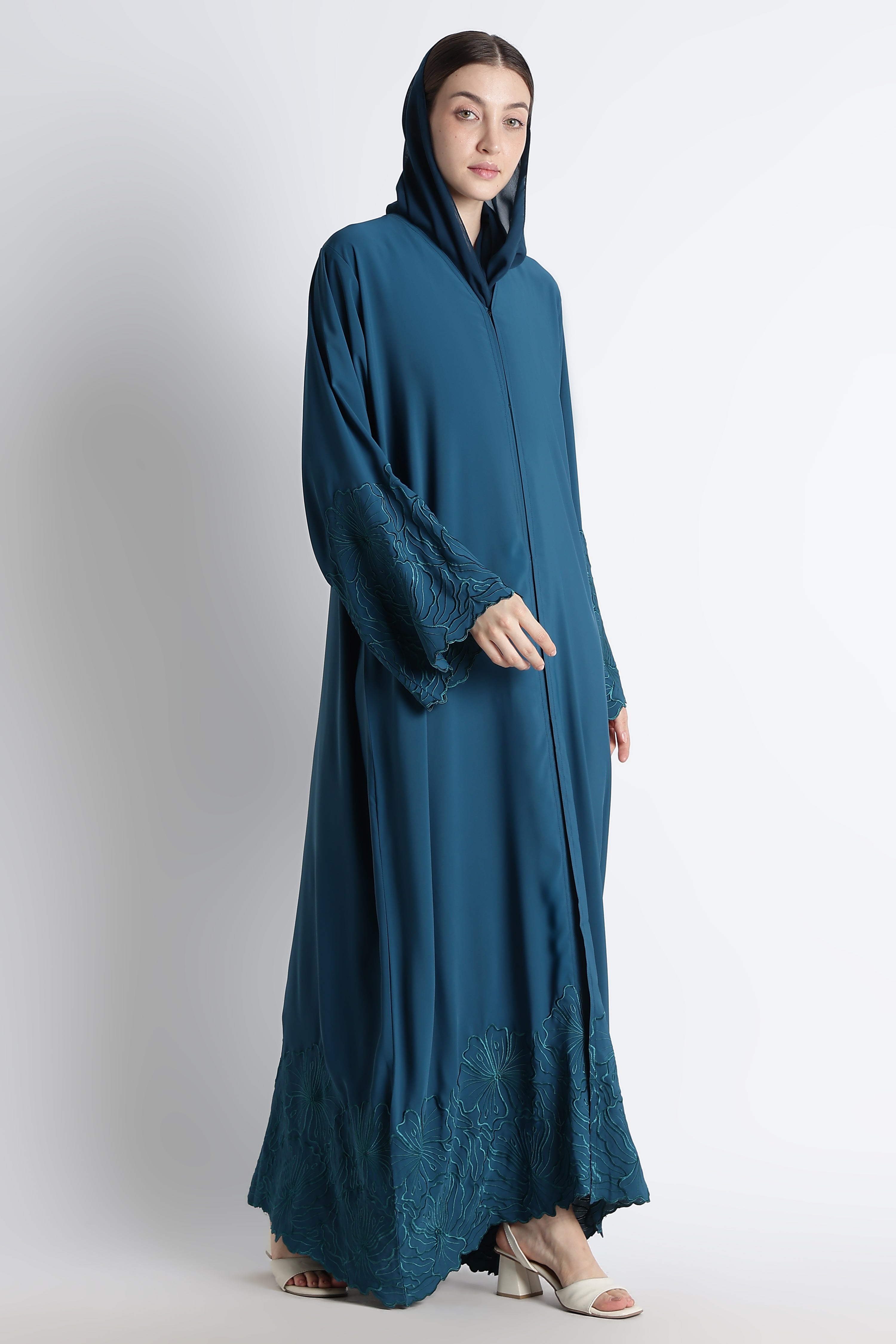 Irani Blue (Firoza) Self Embroidered Abaya with Cutwork Sleeves & Hem – Premium Korean Nida