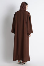 Chocolate Brown Round Collar Balloon Sleeves Buttoned Abaya – Premium Korean Nida