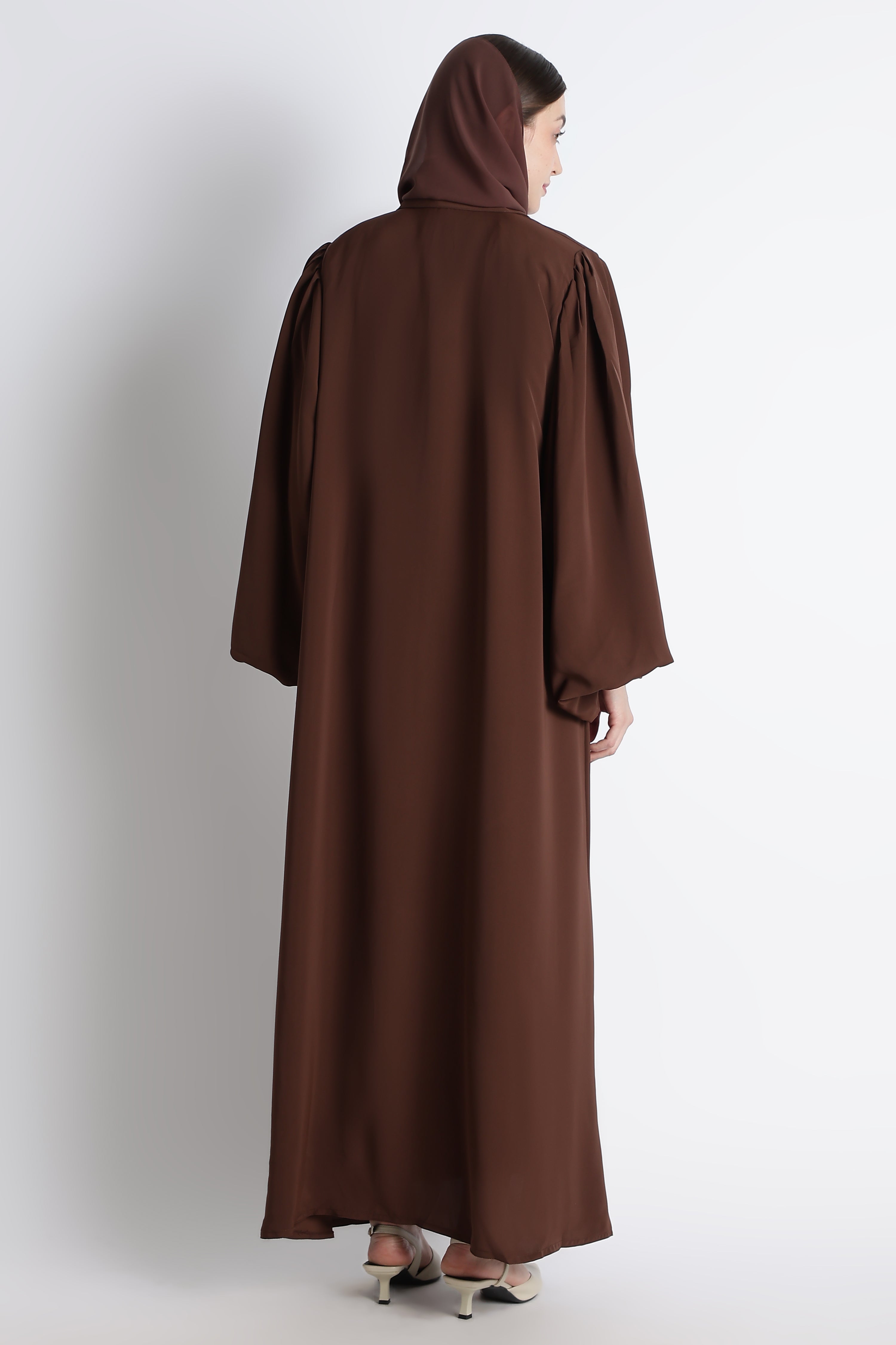 Chocolate Brown Round Collar Balloon Sleeves Buttoned Abaya – Premium Korean Nida