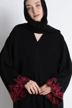 Black Abaya with Red Embroidery & Cutwork – Premium Korean Nida Elegant Abaya