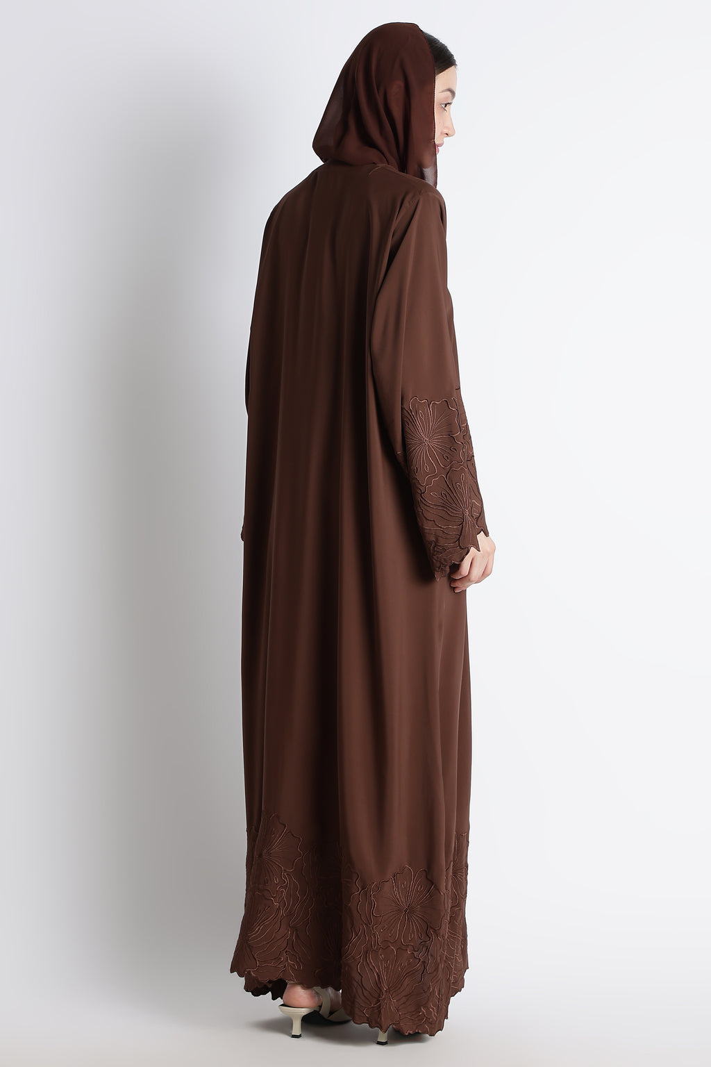 Chocolate Brown Self Embroidered Abaya with Cutwork Sleeves & Hem – Premium Korean Nida