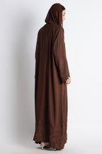 Chocolate Brown Self Embroidered Abaya with Cutwork Sleeves & Hem – Premium Korean Nida