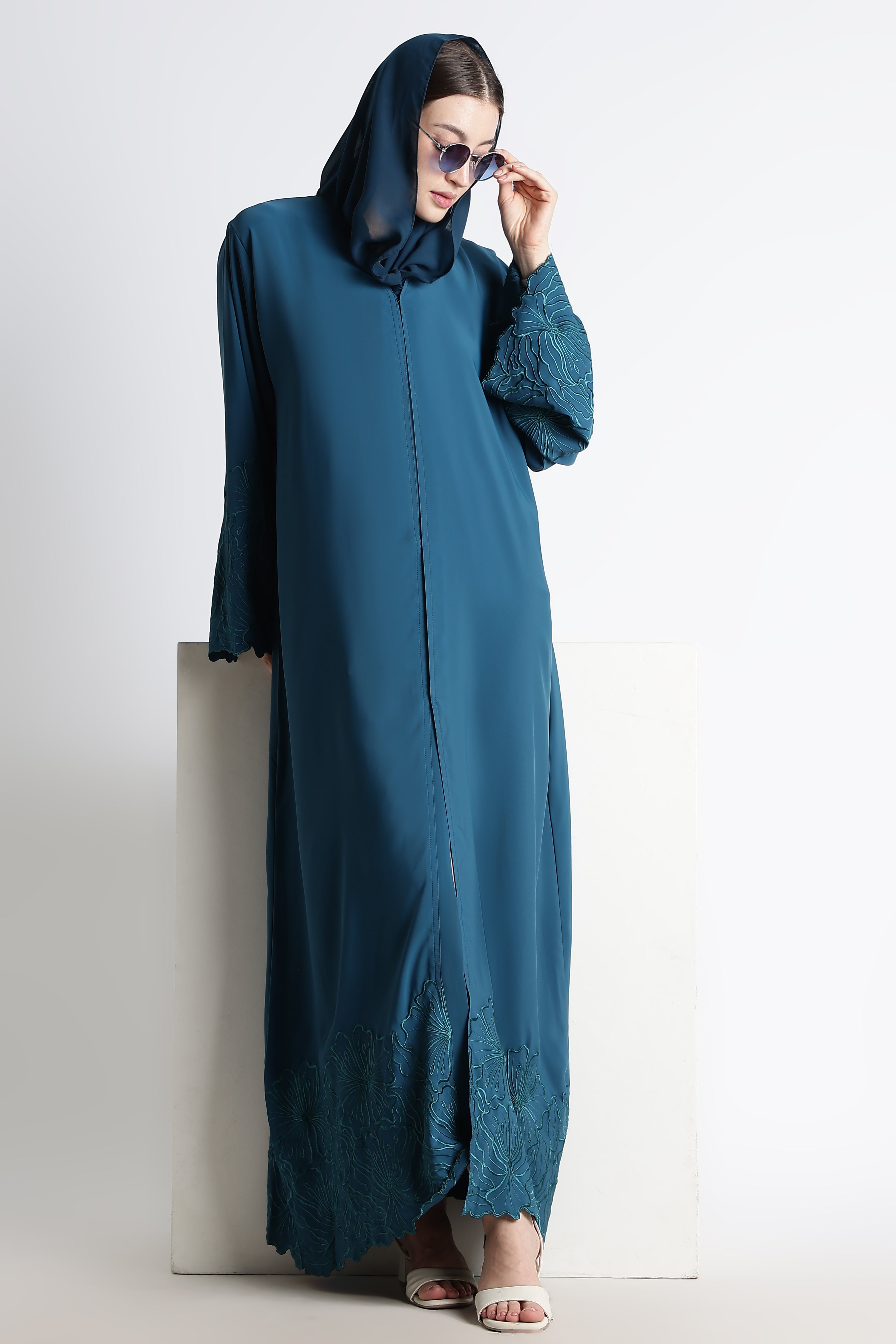 Irani Blue (Firoza) Self Embroidered Abaya with Cutwork Sleeves & Hem – Premium Korean Nida