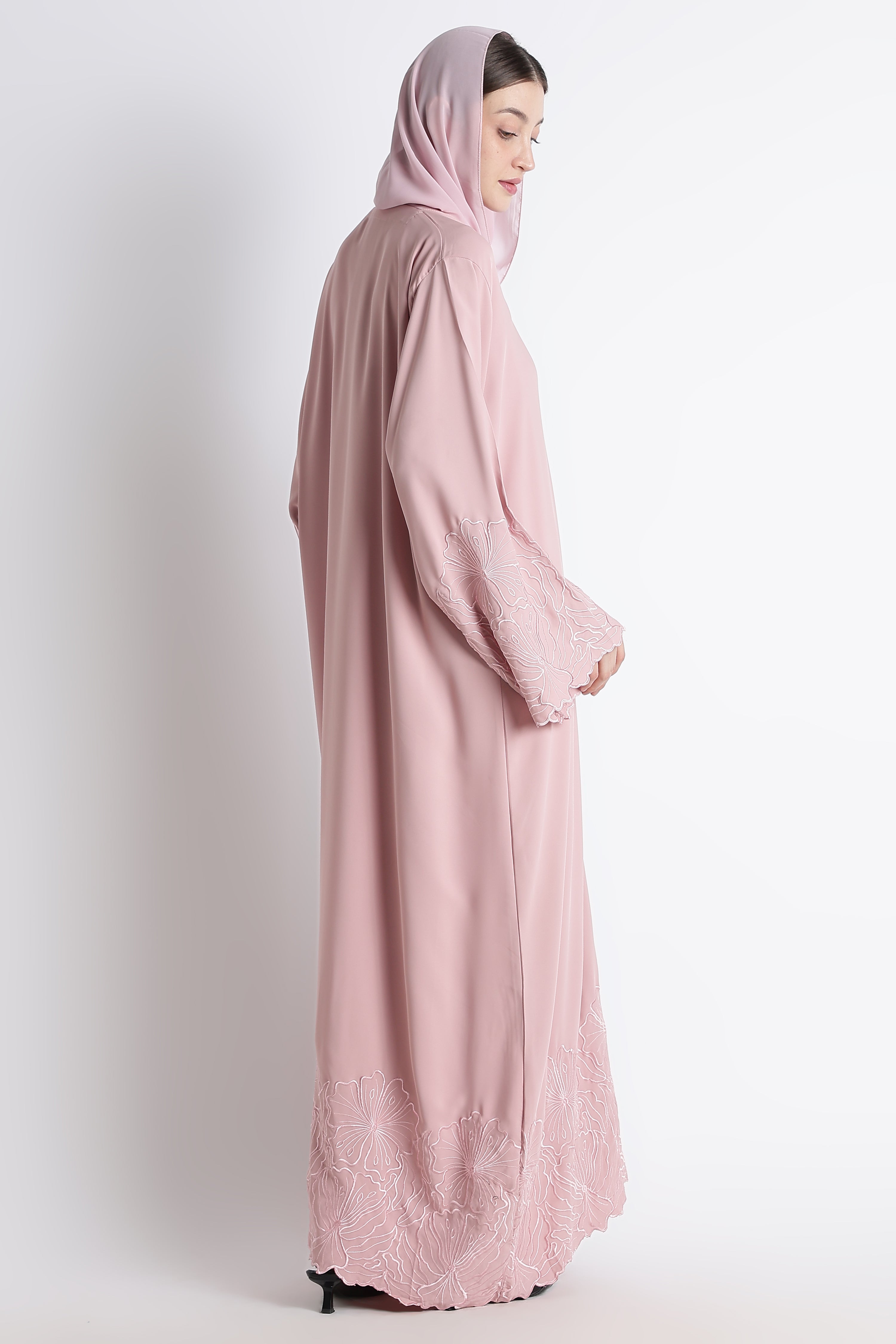 Blush Pink Self Embroidered Abaya with Cutwork Sleeves & Hem – Korean Nida Fabric