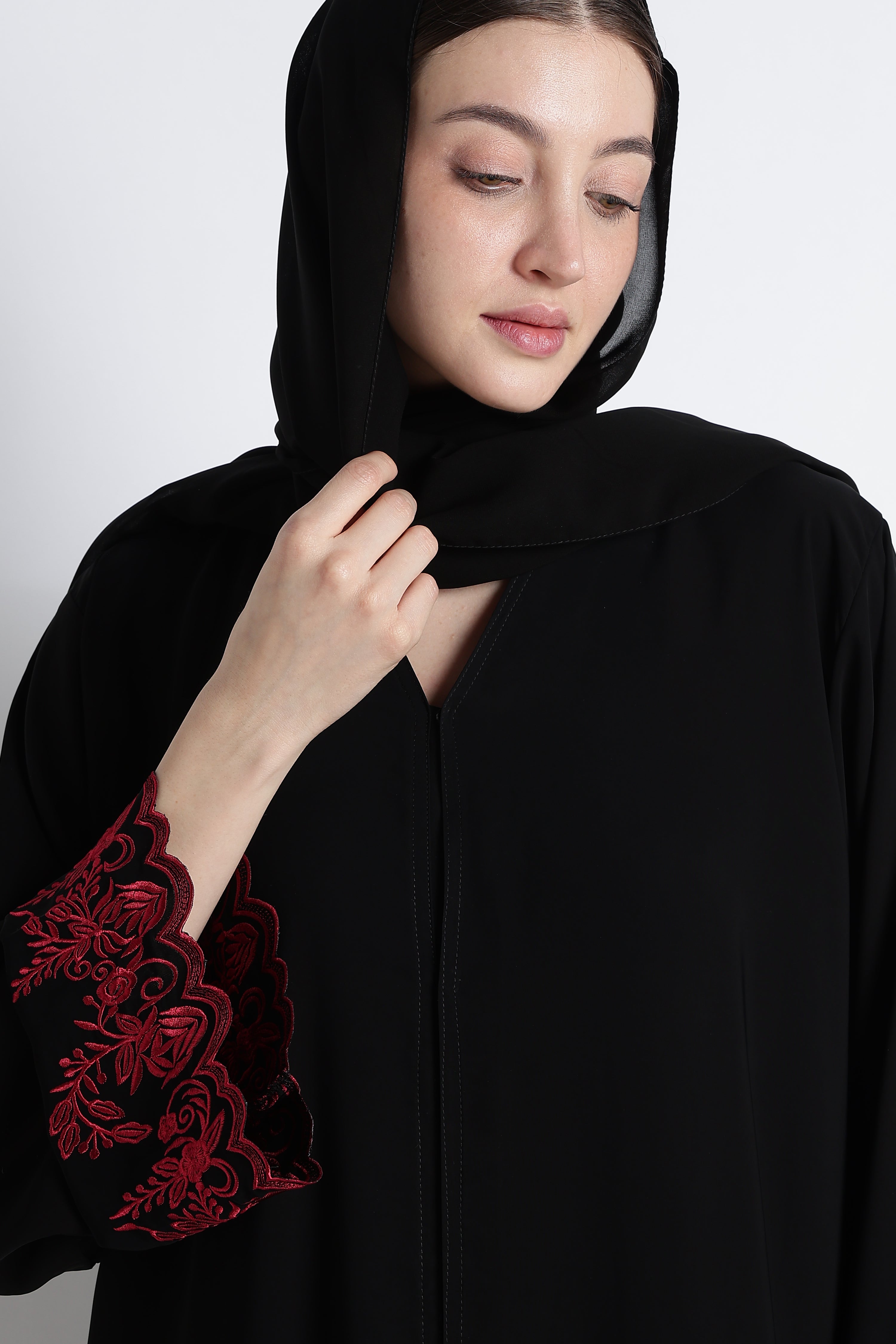 Black Abaya with Red Embroidery & Cutwork – Premium Korean Nida Elegant Abaya