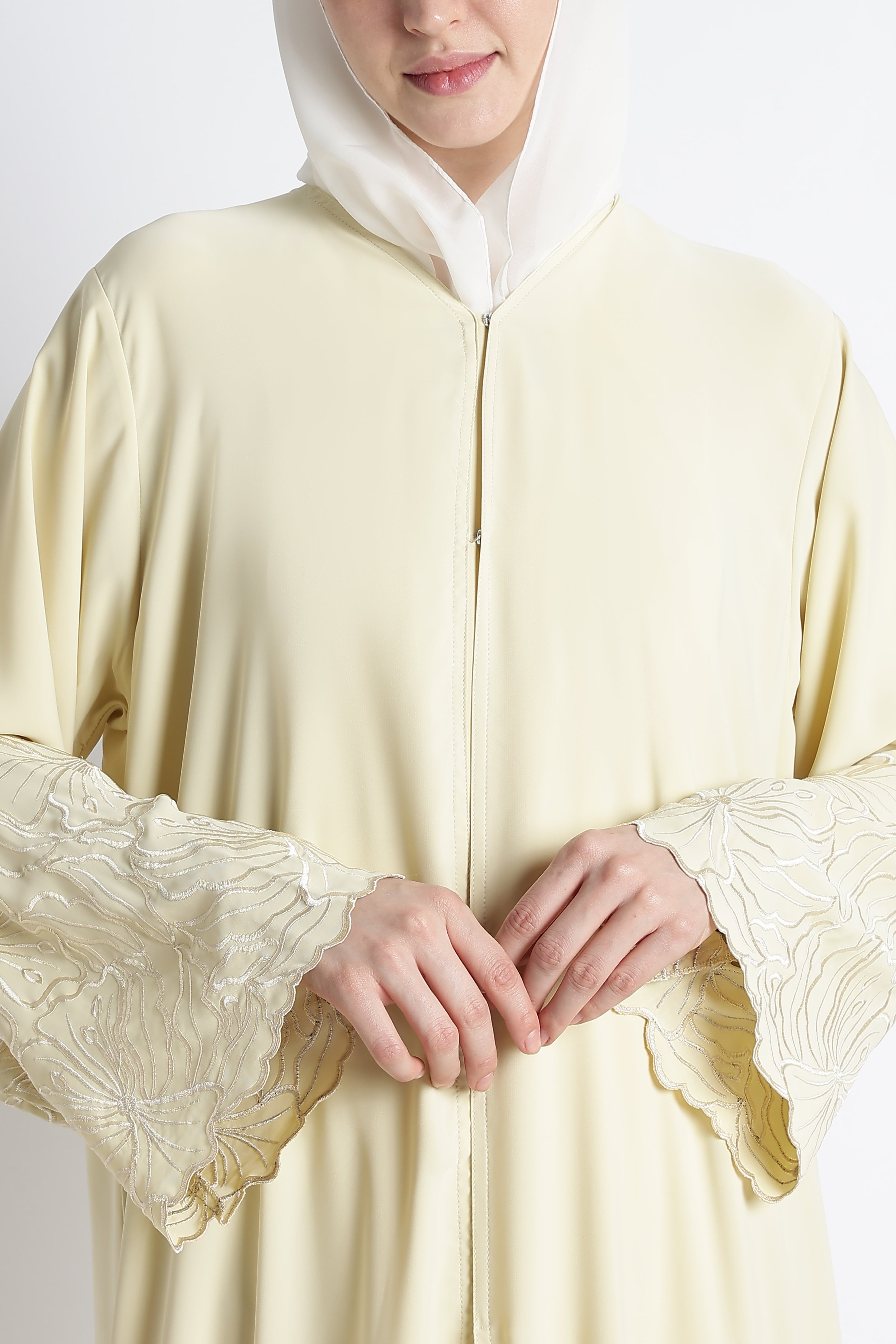 Butter Yellow Self Embroidered Abaya with Cutwork Sleeves & Hem – Premium Korean Nida Main image