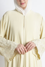 Butter Yellow Self Embroidered Abaya with Cutwork Sleeves & Hem – Premium Korean Nida