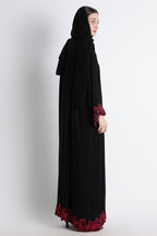 Black Abaya with Red Embroidery & Cutwork – Premium Korean Nida Elegant Abaya