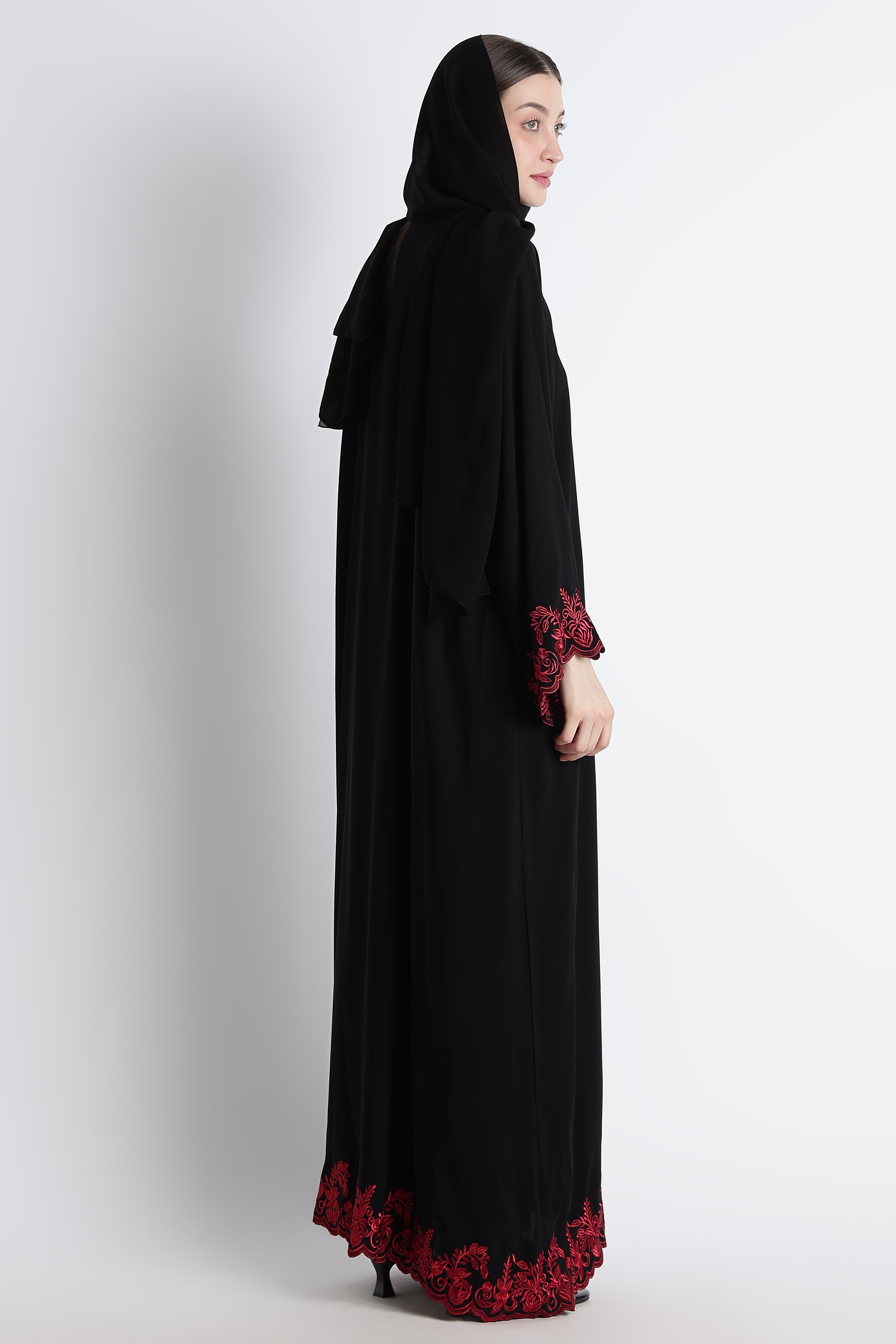 Black Abaya with Red Embroidery & Cutwork – Premium Korean Nida Elegant Abaya