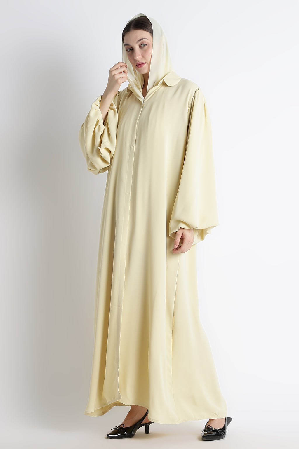 Butter Yellow Round Collar Balloon Sleeves Abaya