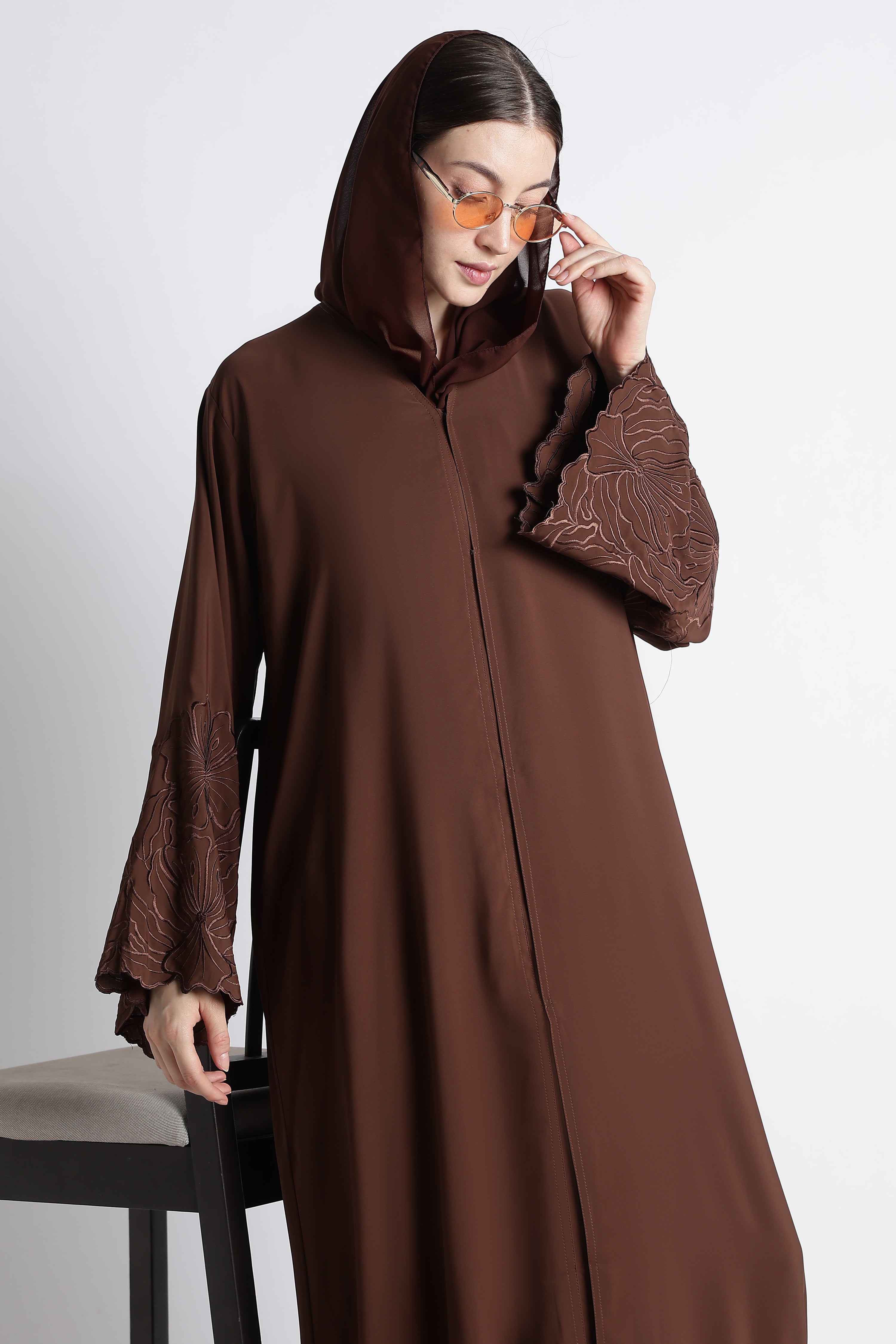 Chocolate Brown Self Embroidered Abaya with Cutwork Sleeves & Hem – Premium Korean Nida Secondary image
