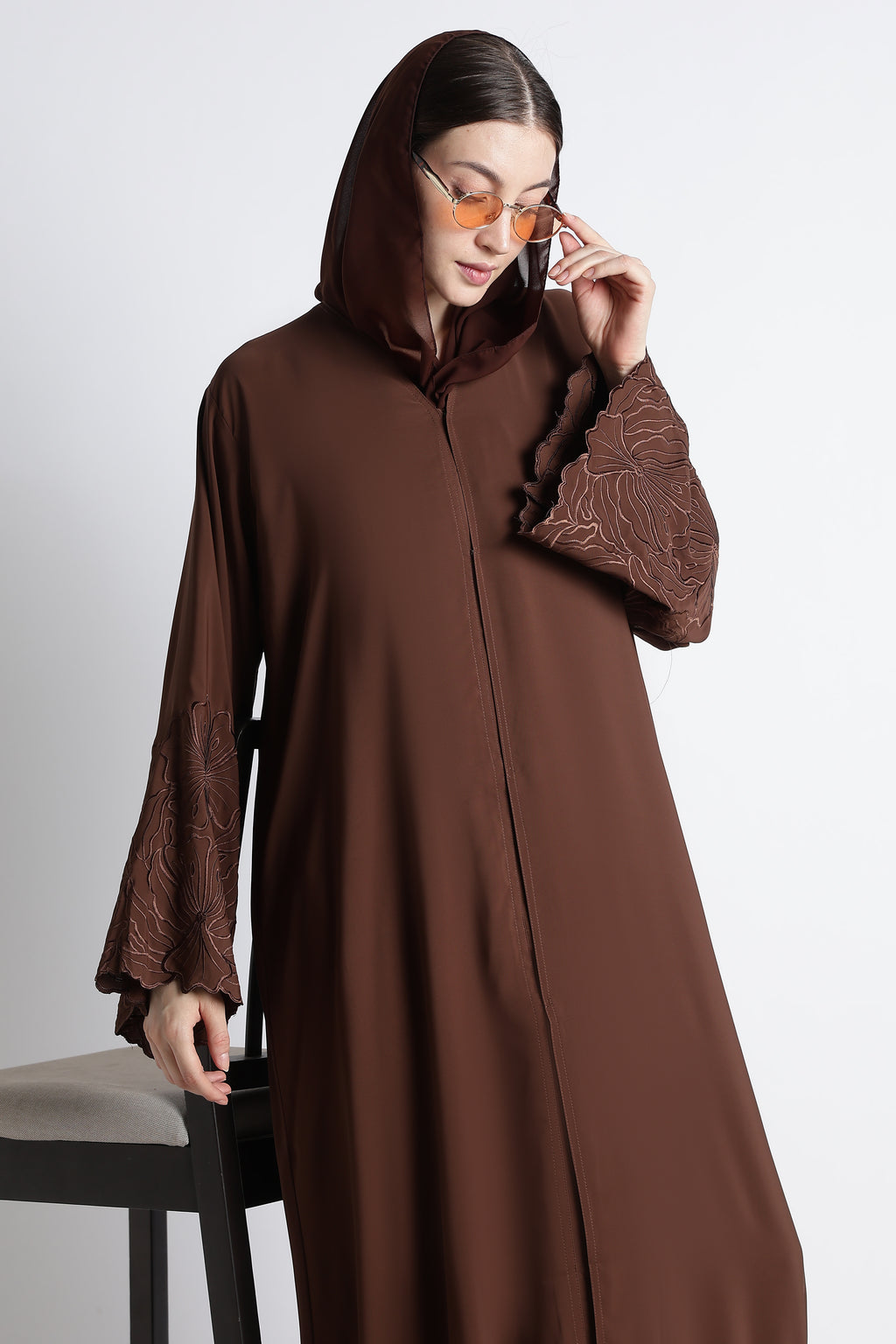Chocolate Brown Self Embroidered Abaya with Cutwork Sleeves & Hem – Premium Korean Nida