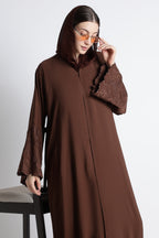Chocolate Brown Self Embroidered Abaya with Cutwork Sleeves & Hem – Premium Korean Nida