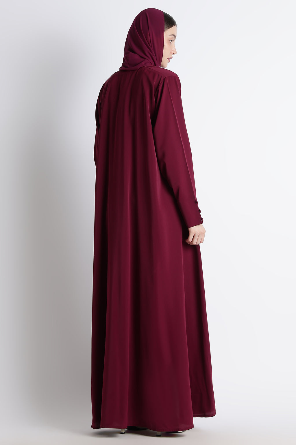 Maroon Umbrella Abaya with Fabric Buttons – Premium Nida Elegant Flowy Abaya