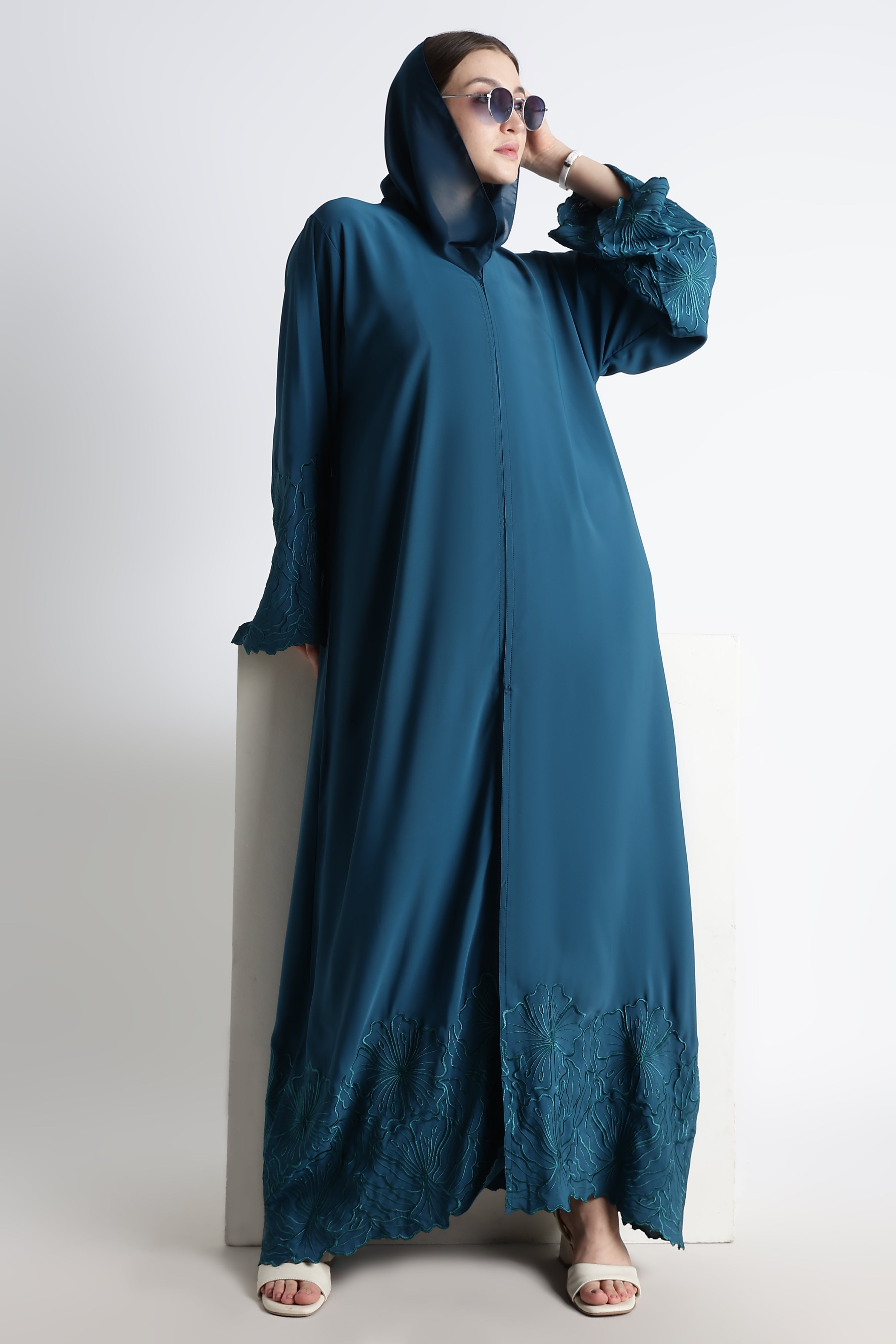 Irani Blue (Firoza) Self Embroidered Abaya with Cutwork Sleeves & Hem – Premium Korean Nida