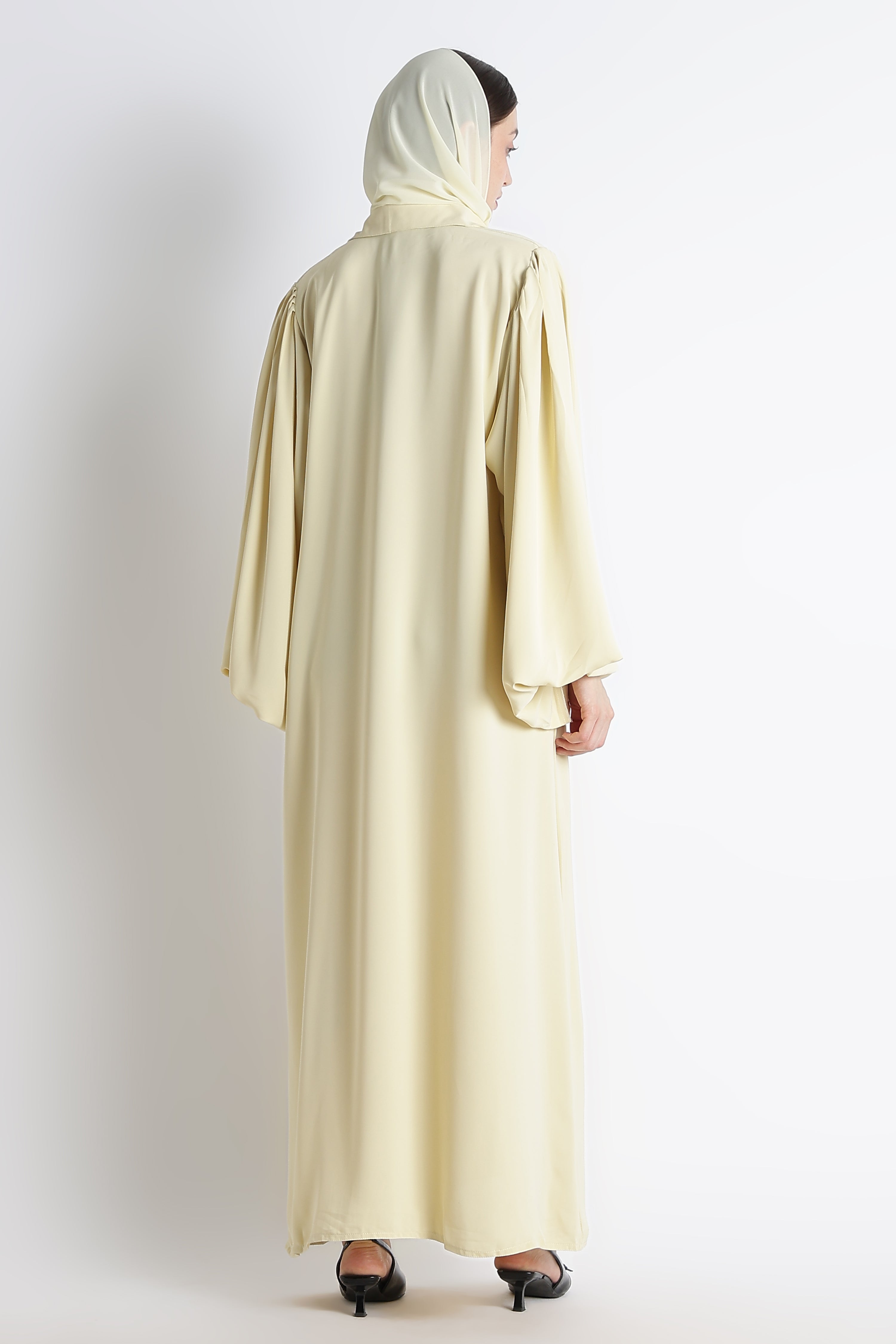Butter Yellow Round Collar Balloon Sleeves Abaya