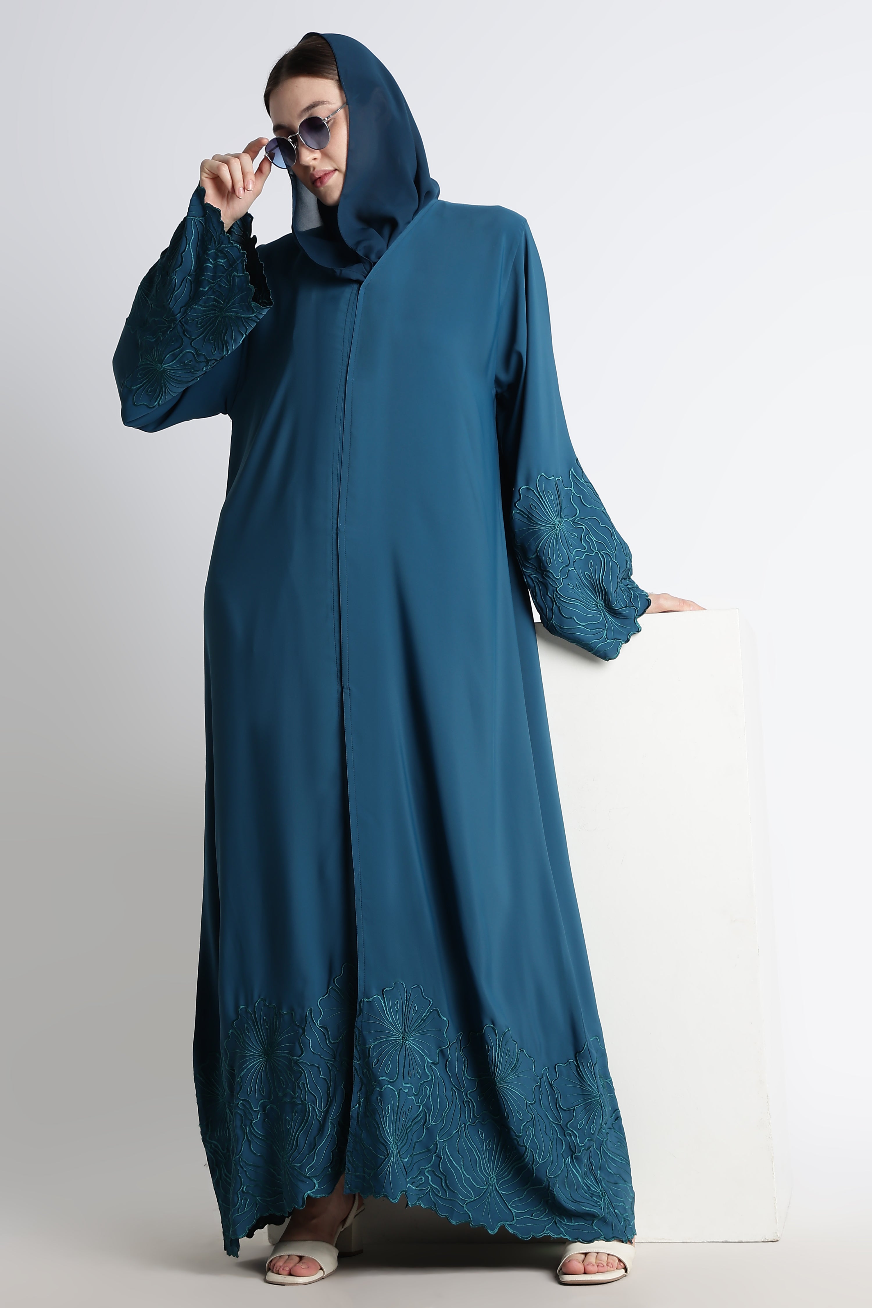 Irani Blue (Firoza) Self Embroidered Abaya with Cutwork Sleeves & Hem – Premium Korean Nida