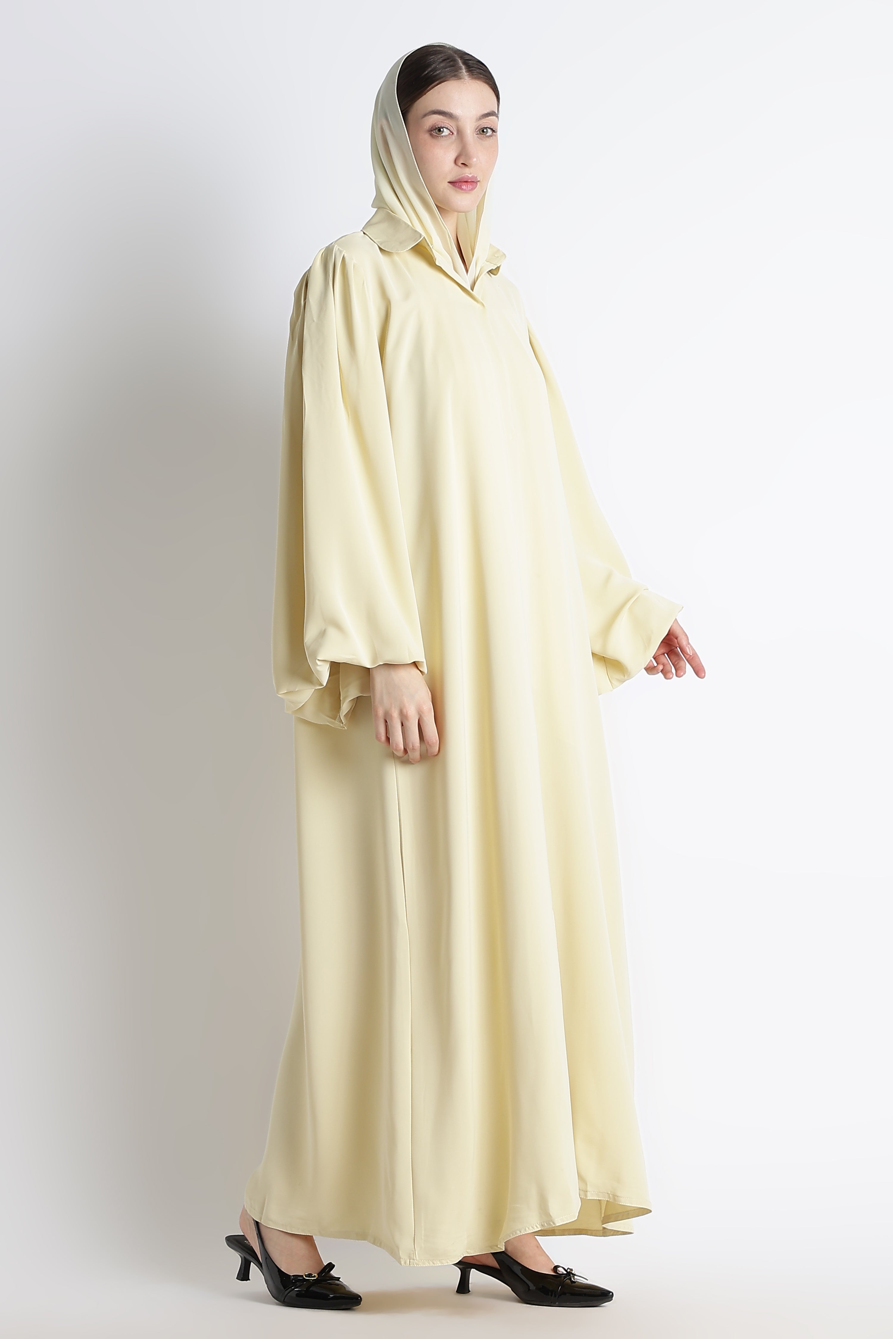 Butter Yellow Round Collar Balloon Sleeves Abaya