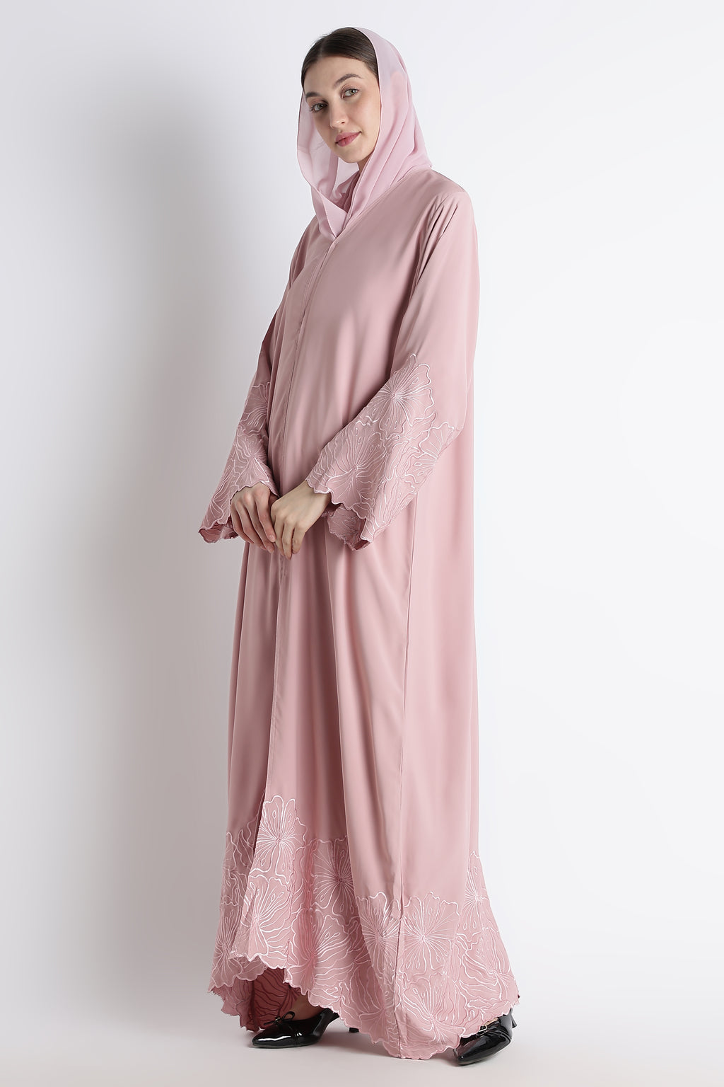 Blush Pink Self Embroidered Abaya with Cutwork Sleeves & Hem – Korean Nida Fabric