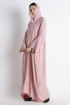 Blush Pink Self Embroidered Abaya with Cutwork Sleeves & Hem – Korean Nida Fabric