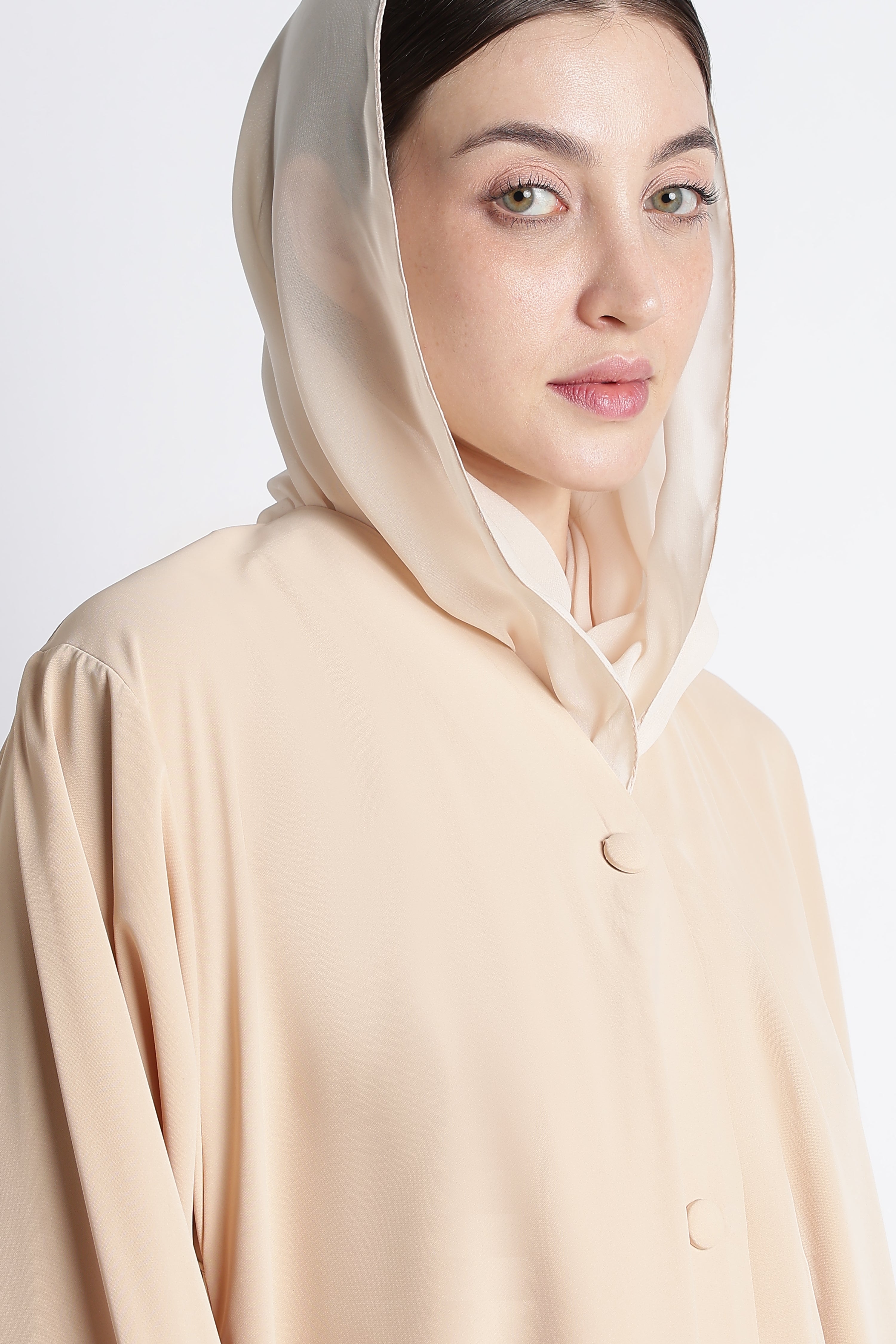 Beige Umbrella Abaya with Fabric Buttons – Premium Nida Elegant Flowy Abaya