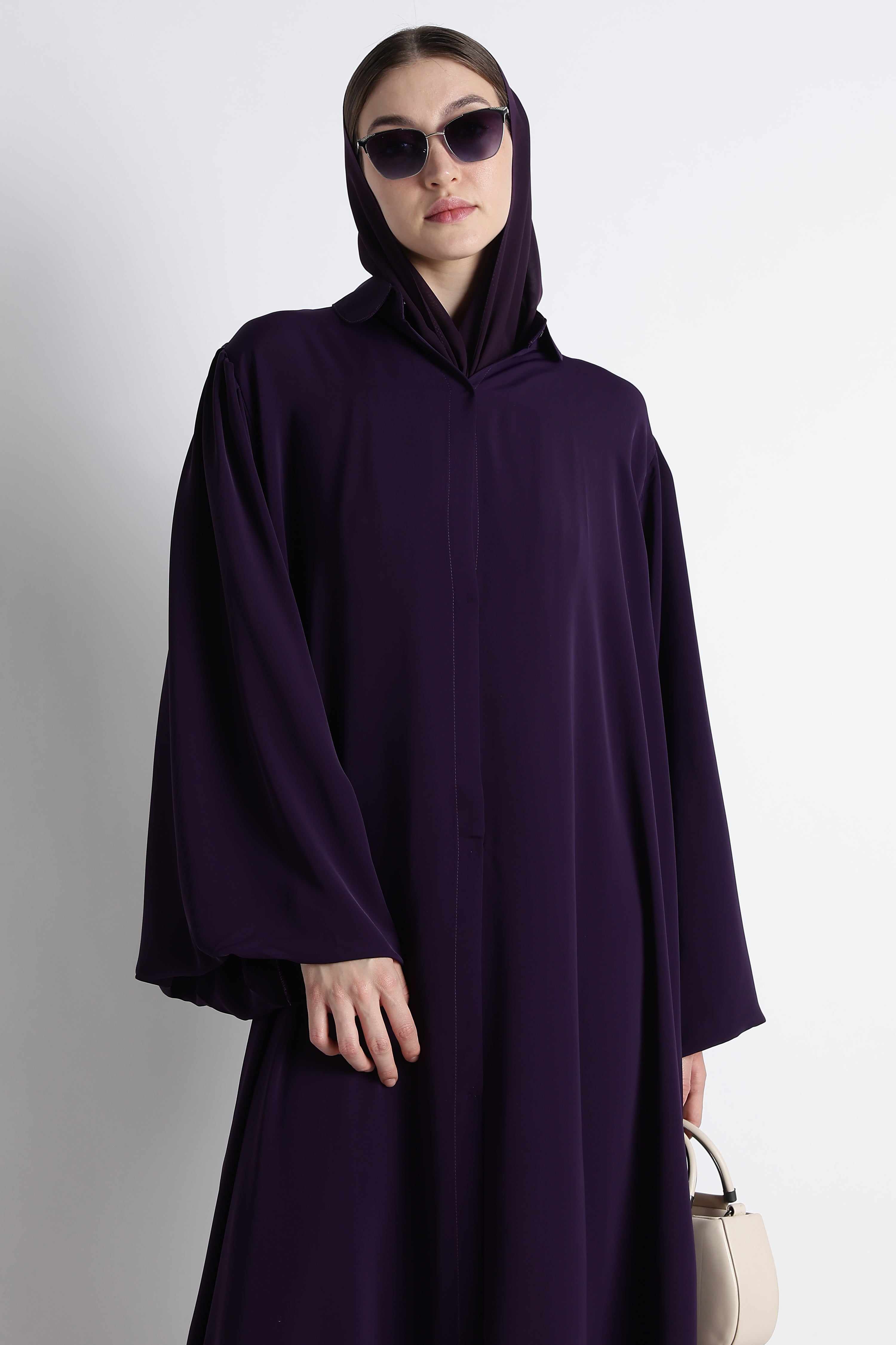 Purple Round Collar Balloon Sleeves Abaya – Premium Korean Nida Elegant Abaya Main image