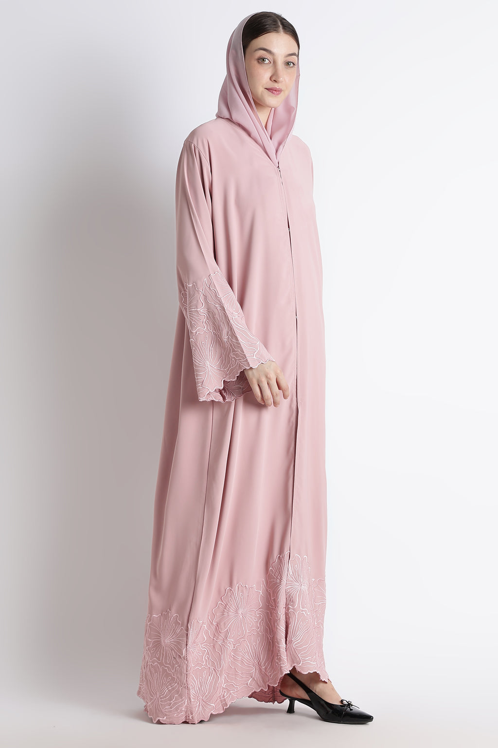 Blush Pink Self Embroidered Abaya with Cutwork Sleeves & Hem – Korean Nida Fabric