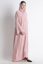 Blush Pink Self Embroidered Abaya with Cutwork Sleeves & Hem – Korean Nida Fabric
