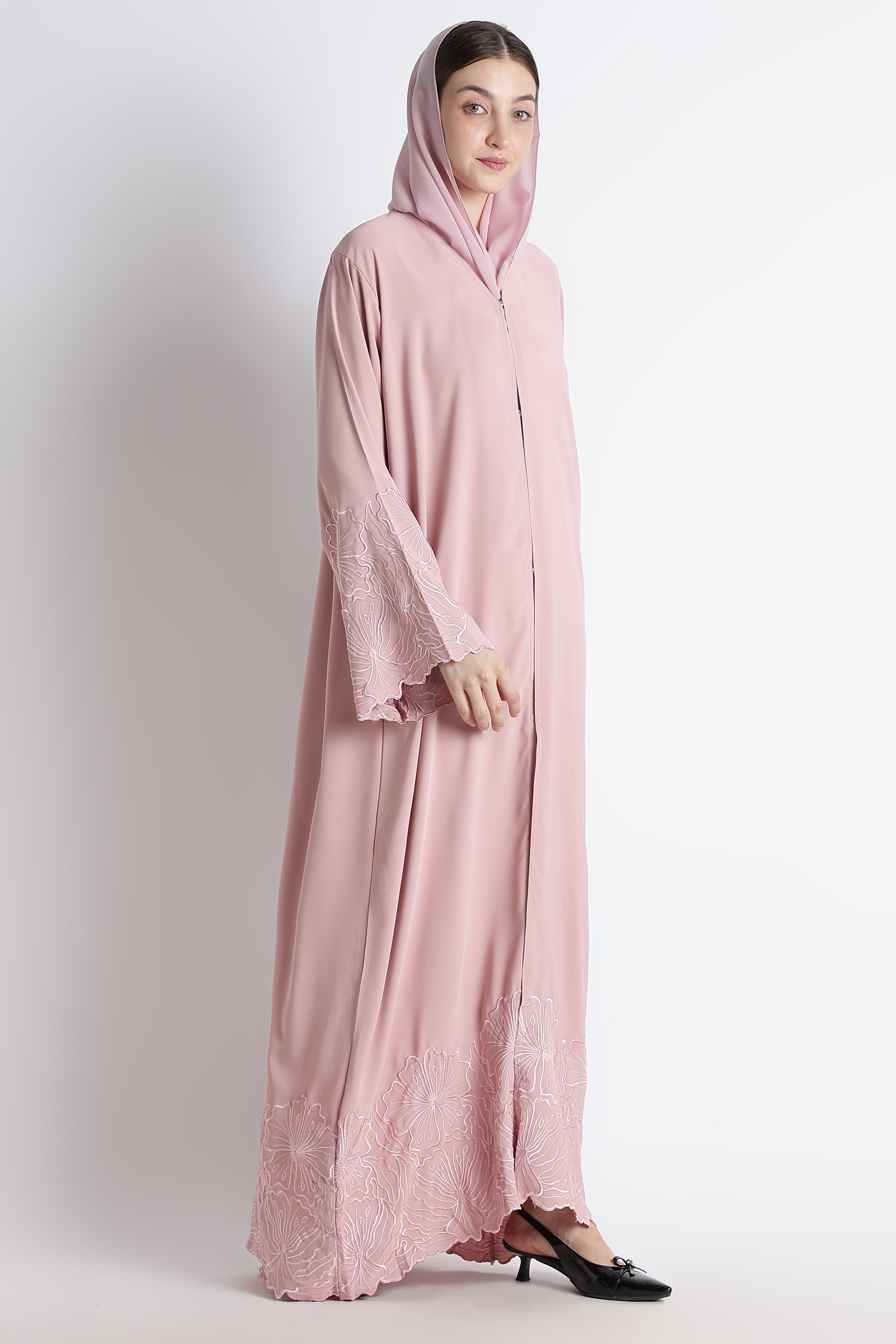 Blush Pink Self Embroidered Abaya with Cutwork Sleeves & Hem – Korean Nida Fabric