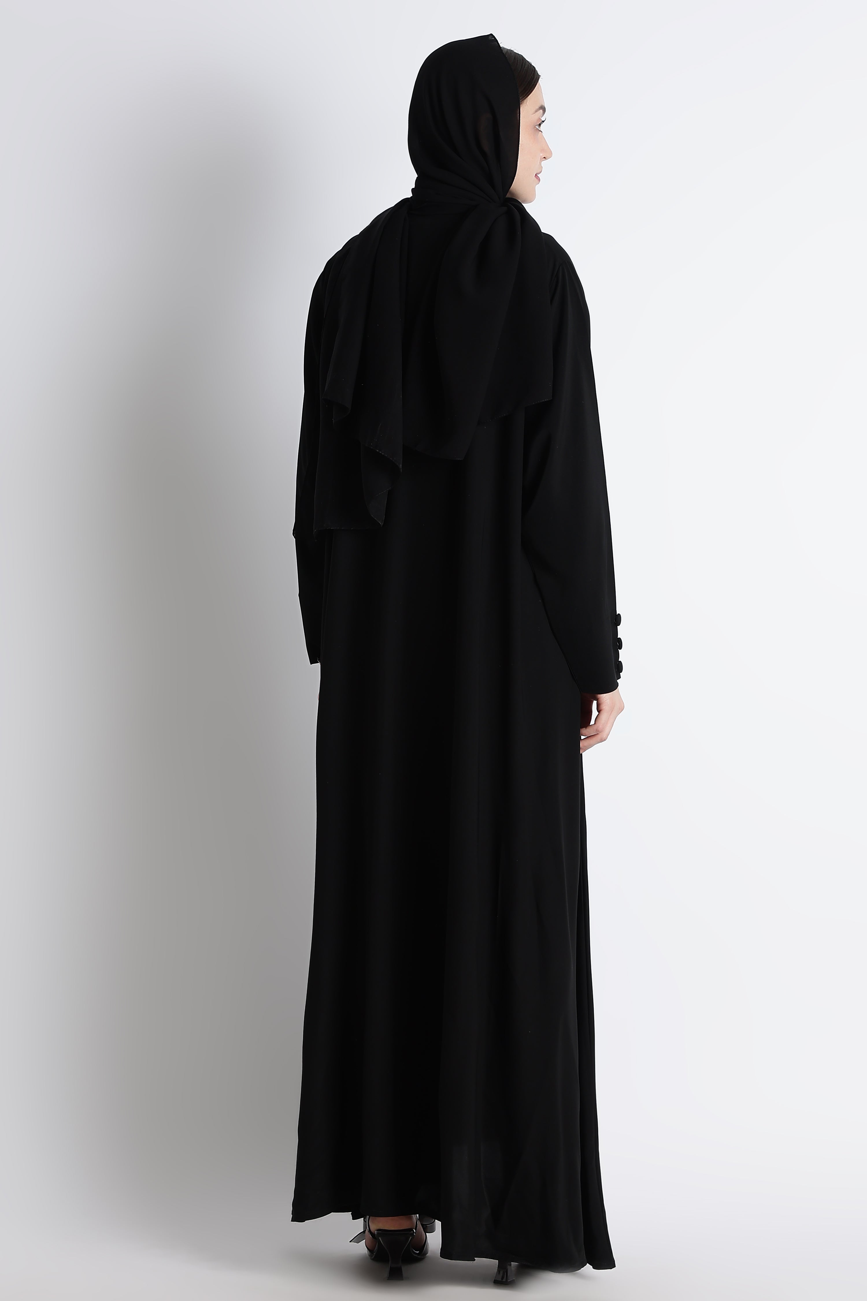 Black Umbrella Abaya with Fabric Buttons – Premium Nida Elegant Flowy Abaya
