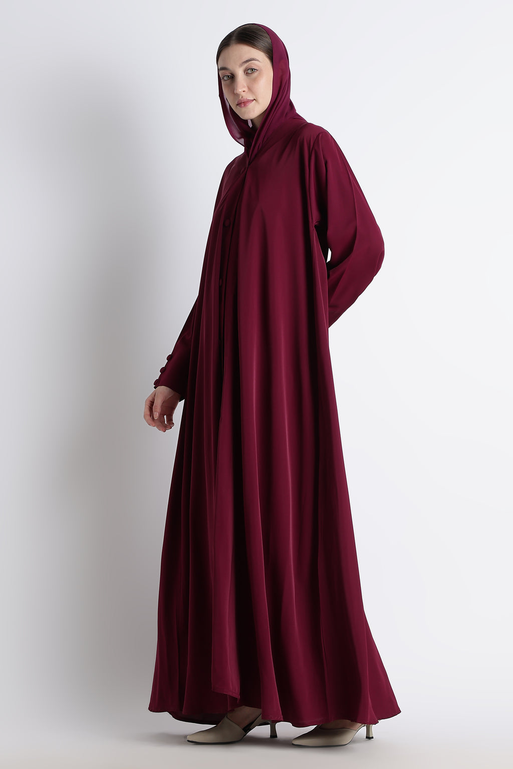 Maroon Umbrella Abaya with Fabric Buttons – Premium Nida Elegant Flowy Abaya