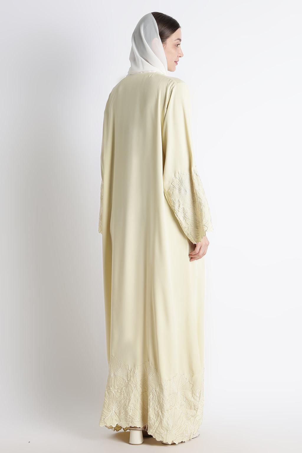 Butter Yellow Self Embroidered Abaya with Cutwork Sleeves & Hem – Premium Korean Nida