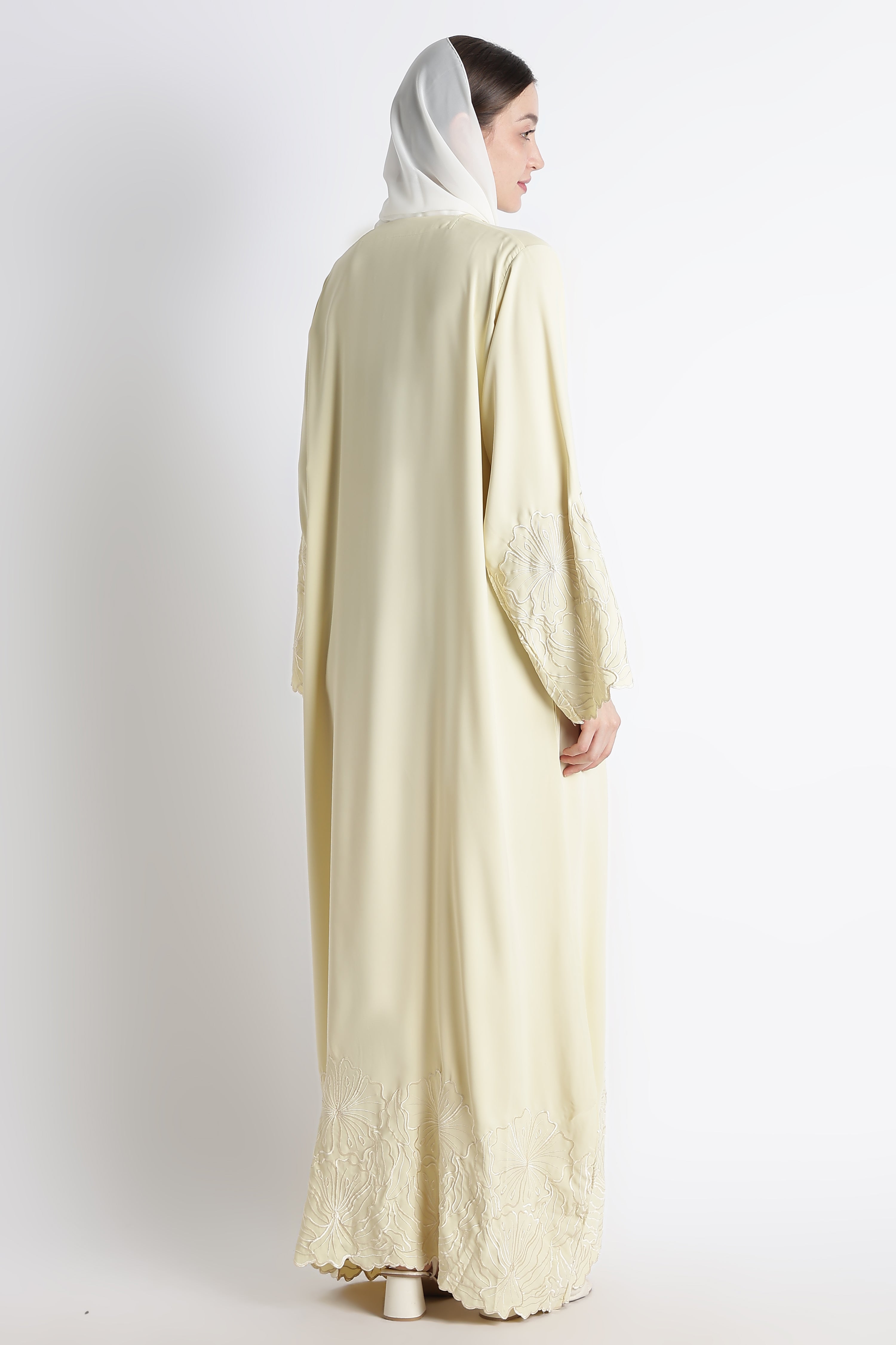 Butter Yellow Self Embroidered Abaya with Cutwork Sleeves & Hem – Premium Korean Nida