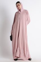 Blush Pink Self Embroidered Abaya with Cutwork Sleeves & Hem – Korean Nida Fabric