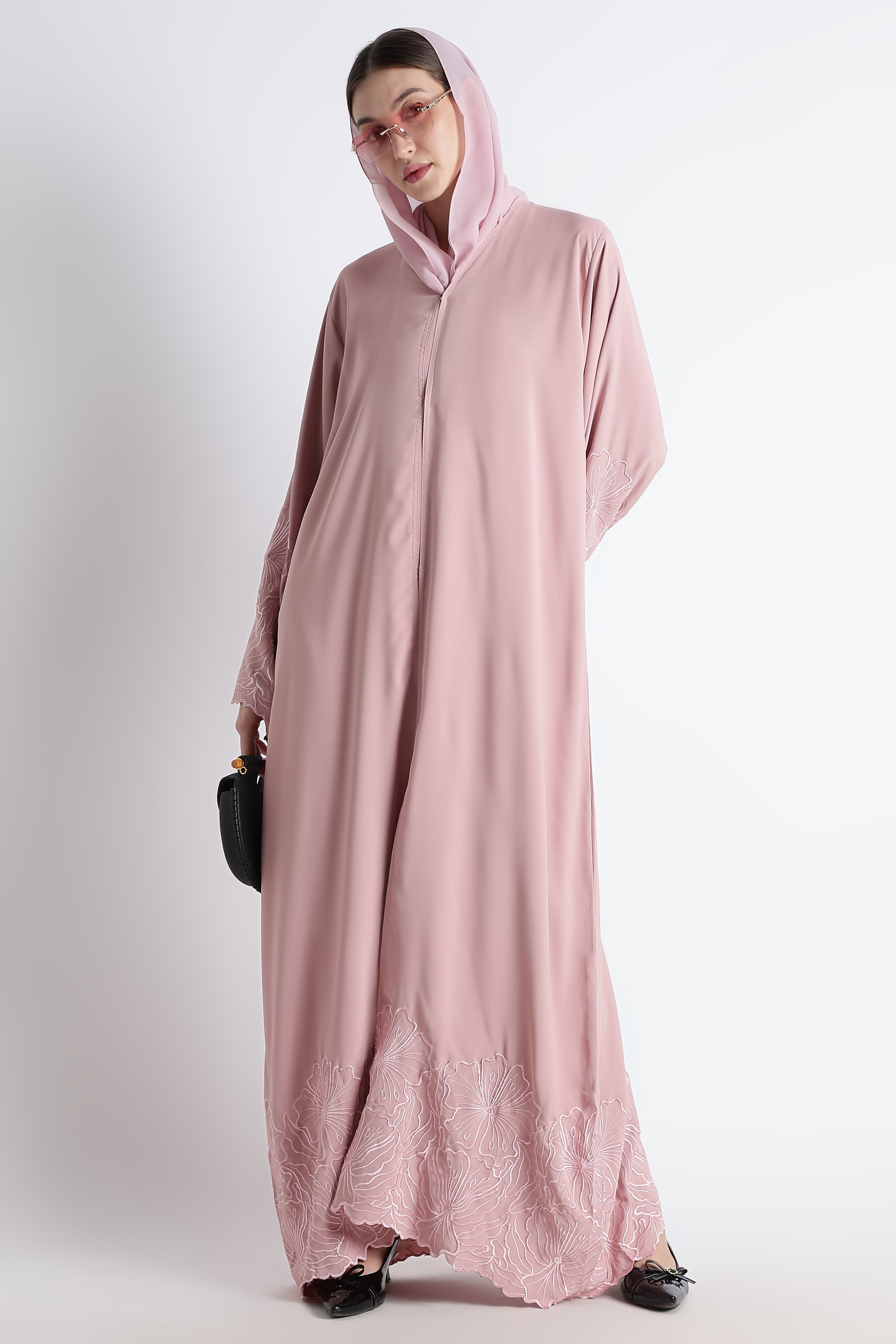 Blush Pink Self Embroidered Abaya with Cutwork Sleeves & Hem – Korean Nida Fabric
