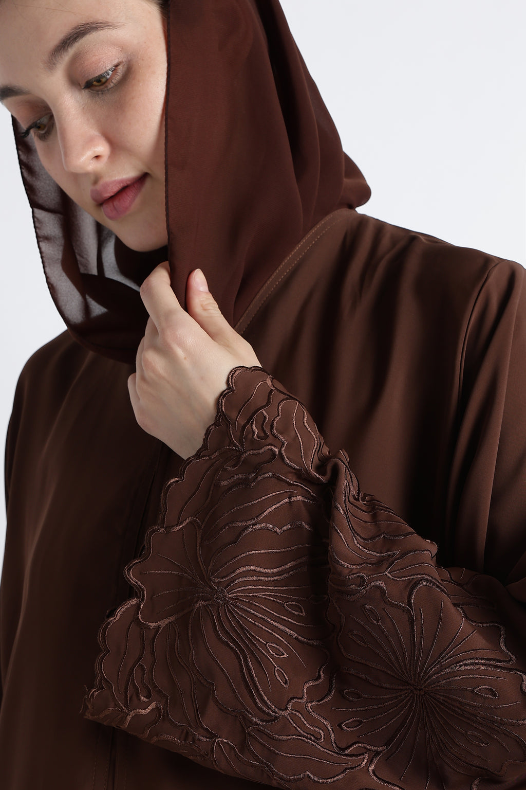 Chocolate Brown Self Embroidered Abaya with Cutwork Sleeves & Hem – Premium Korean Nida