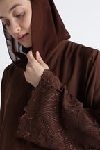 Chocolate Brown Self Embroidered Abaya with Cutwork Sleeves & Hem – Premium Korean Nida