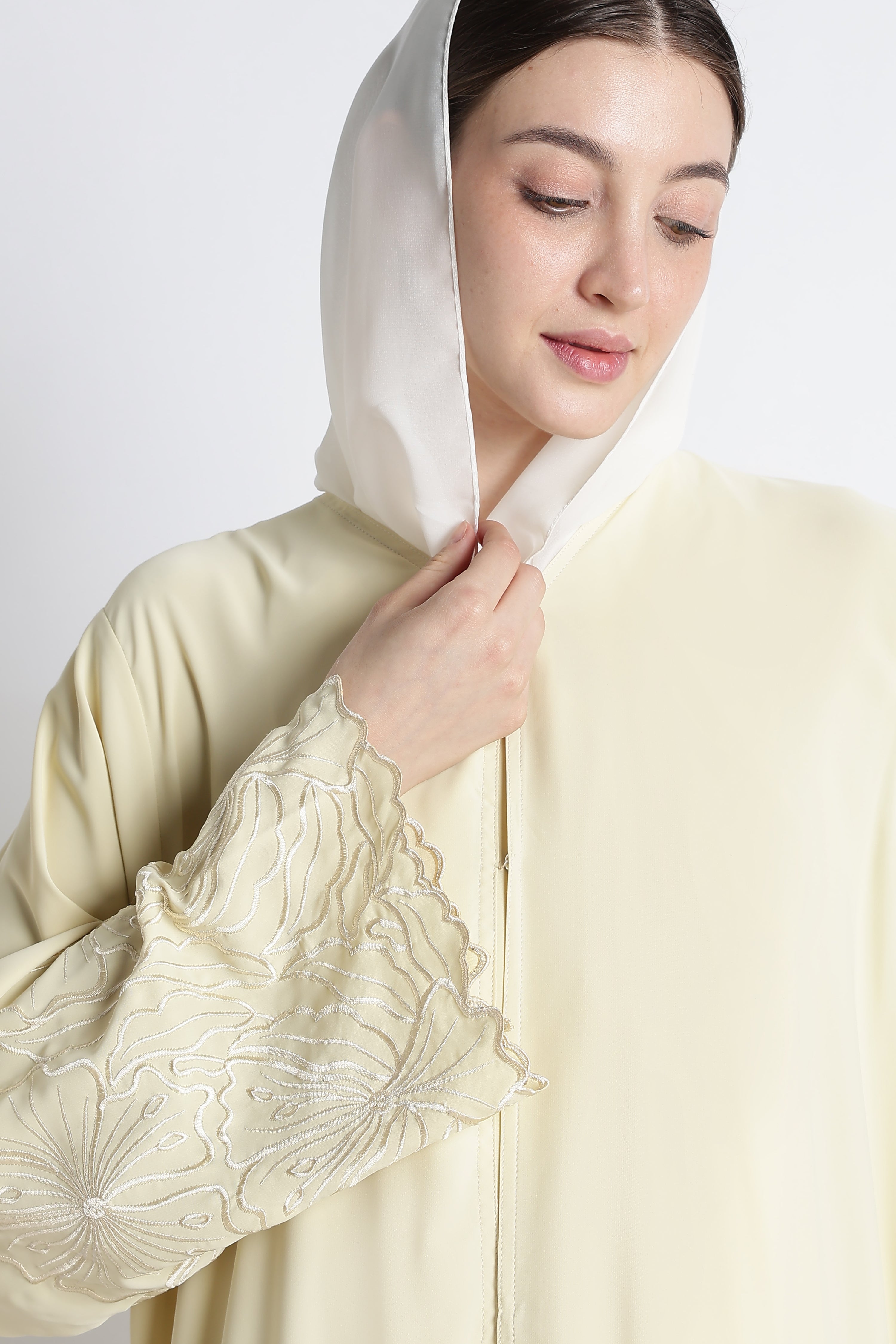 Butter Yellow Self Embroidered Abaya with Cutwork Sleeves & Hem – Premium Korean Nida