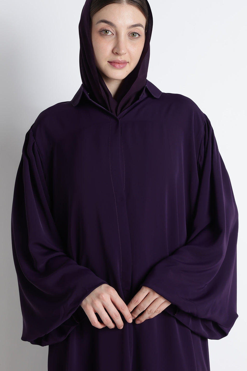 Purple Round Collar Balloon Sleeves Abaya – Premium Korean Nida Elegant Abaya