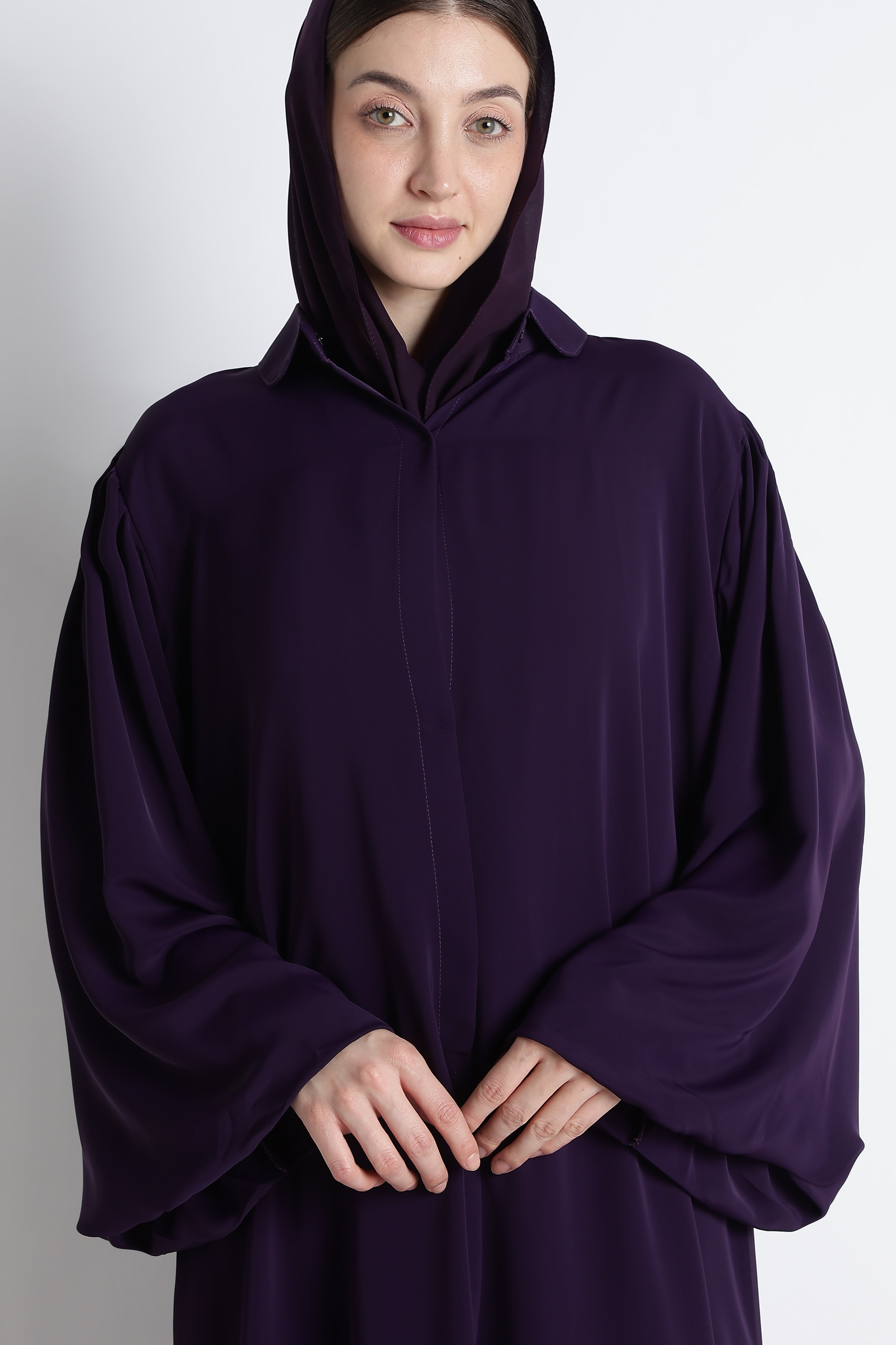 Purple Round Collar Balloon Sleeves Abaya – Premium Korean Nida Elegant Abaya